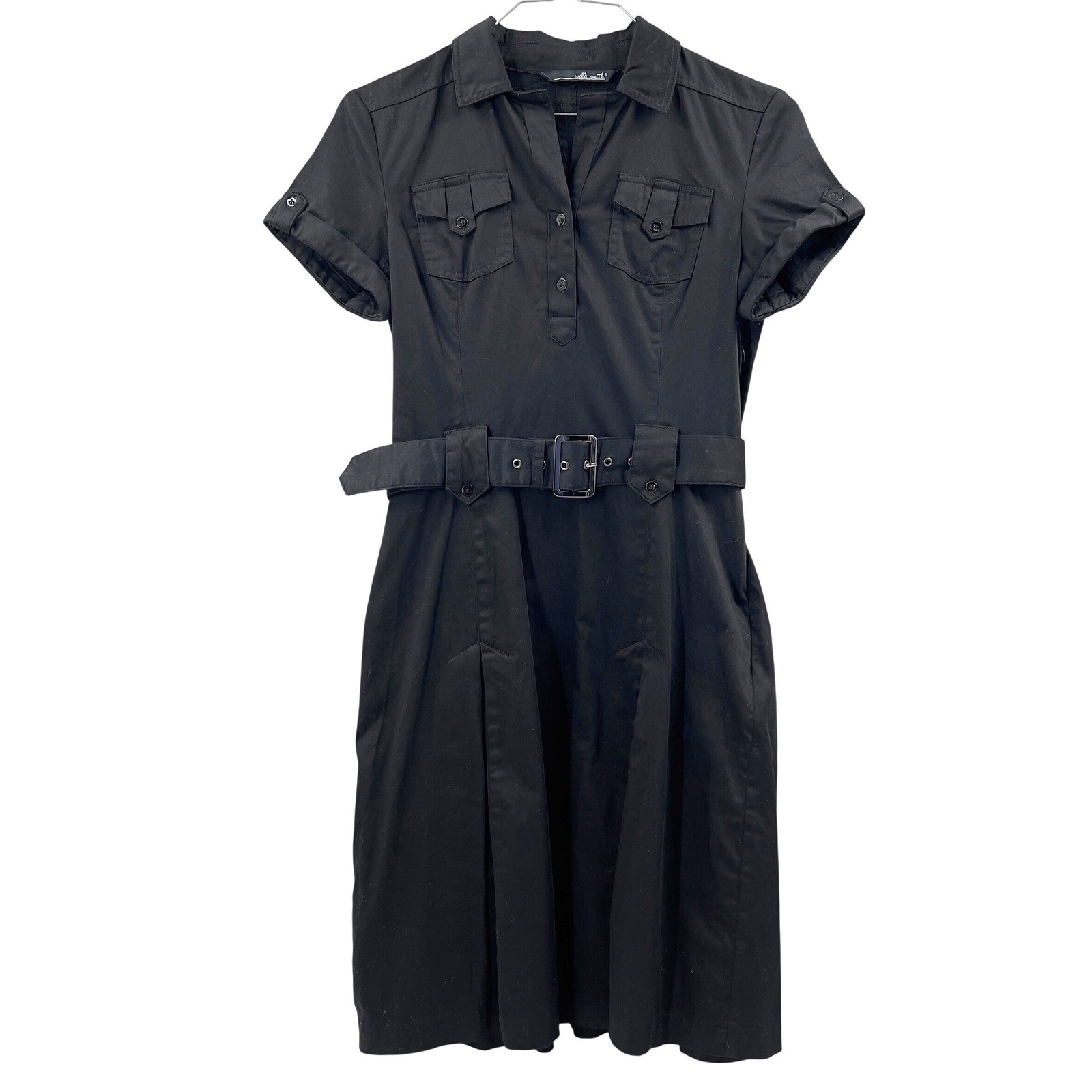 WILLI SMITH Black Shirt Dress Belted Utility Style Short Sleeve Women Size 8