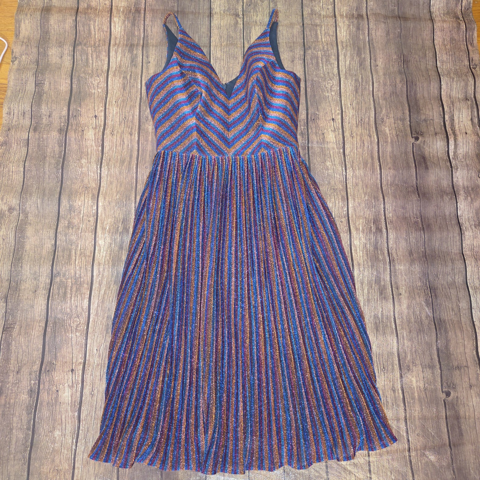 Dress the Population Haley Metallic Pleated Dress Women M Multicolor Retro Disco