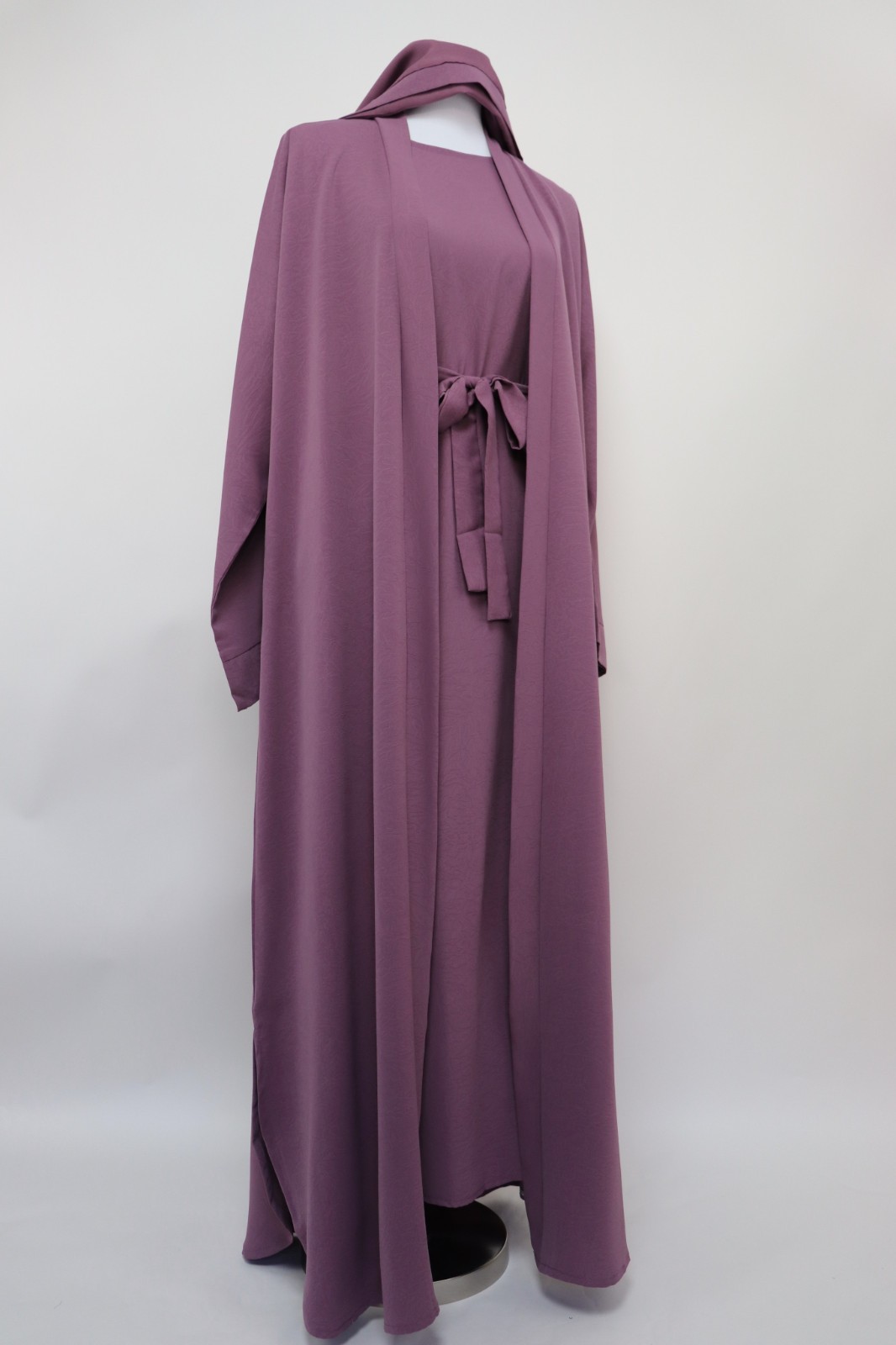 3 Piece Set Marble Open Kimono Abaya & Slip Dress Muslim Maxi Dress Mauve