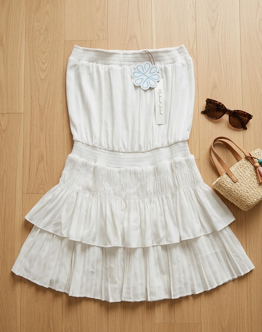 Mustard Seed Strapless Smocked Tiered Ruffle Mini Dress White Solid Size L