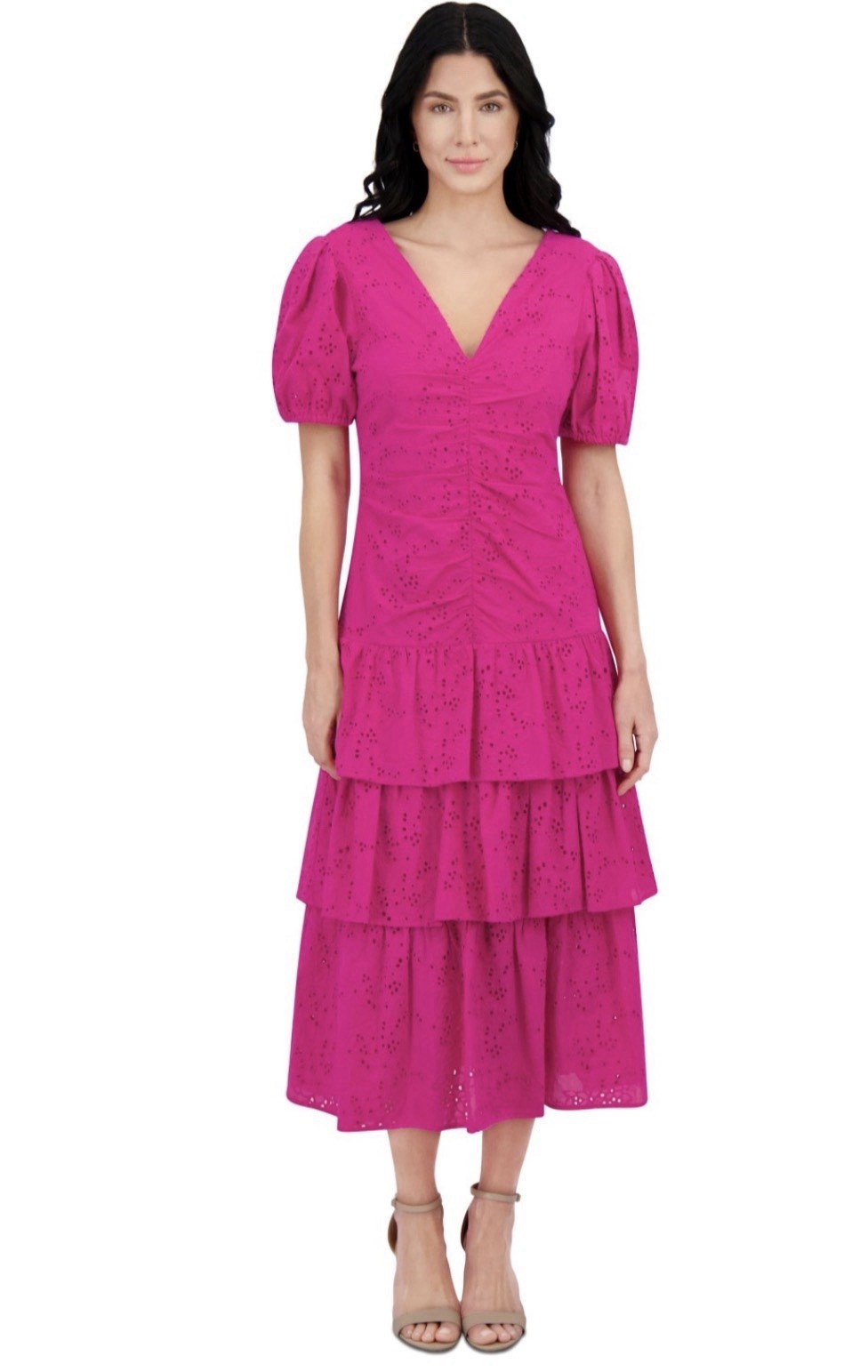 kensie Women’s Embroidered Layered Puff-Sleeve Maxi Dress- Hot Pink, Size-4