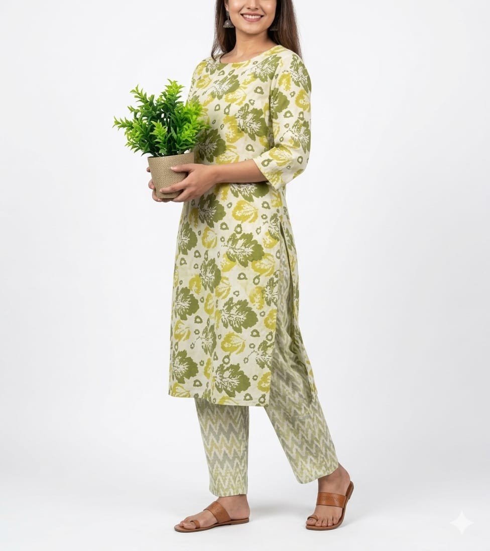 Divyanjana Women Floral Printed Regular Pure Cotton Kurta with Trousers