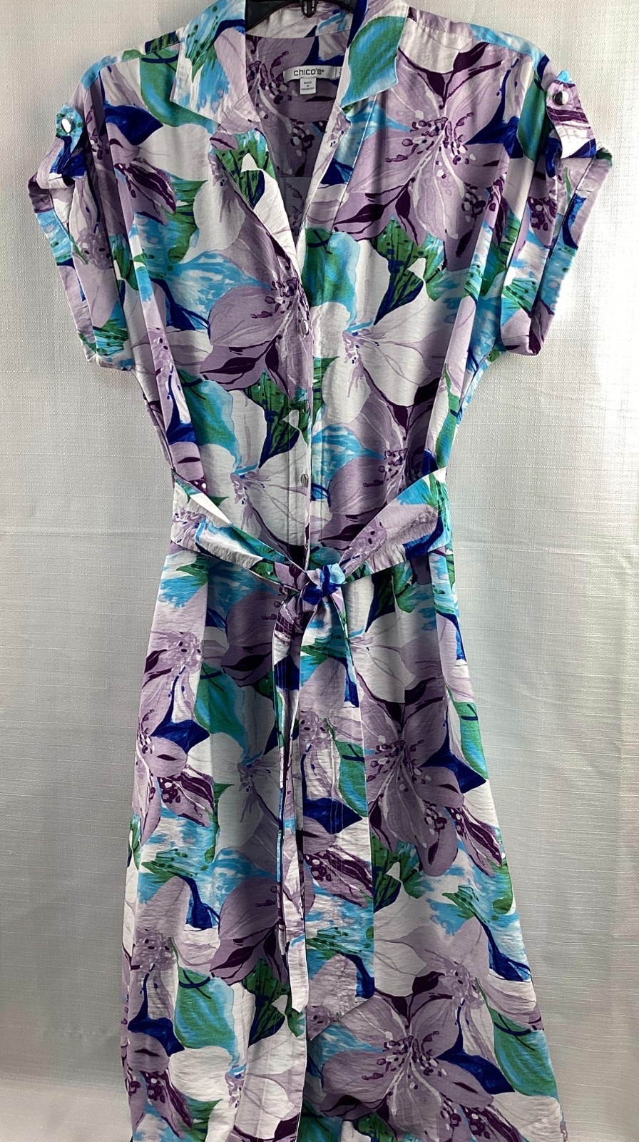 Chico’s Floral Shirt Dress Purple Multicolor Button Front Size 0 with Pockets