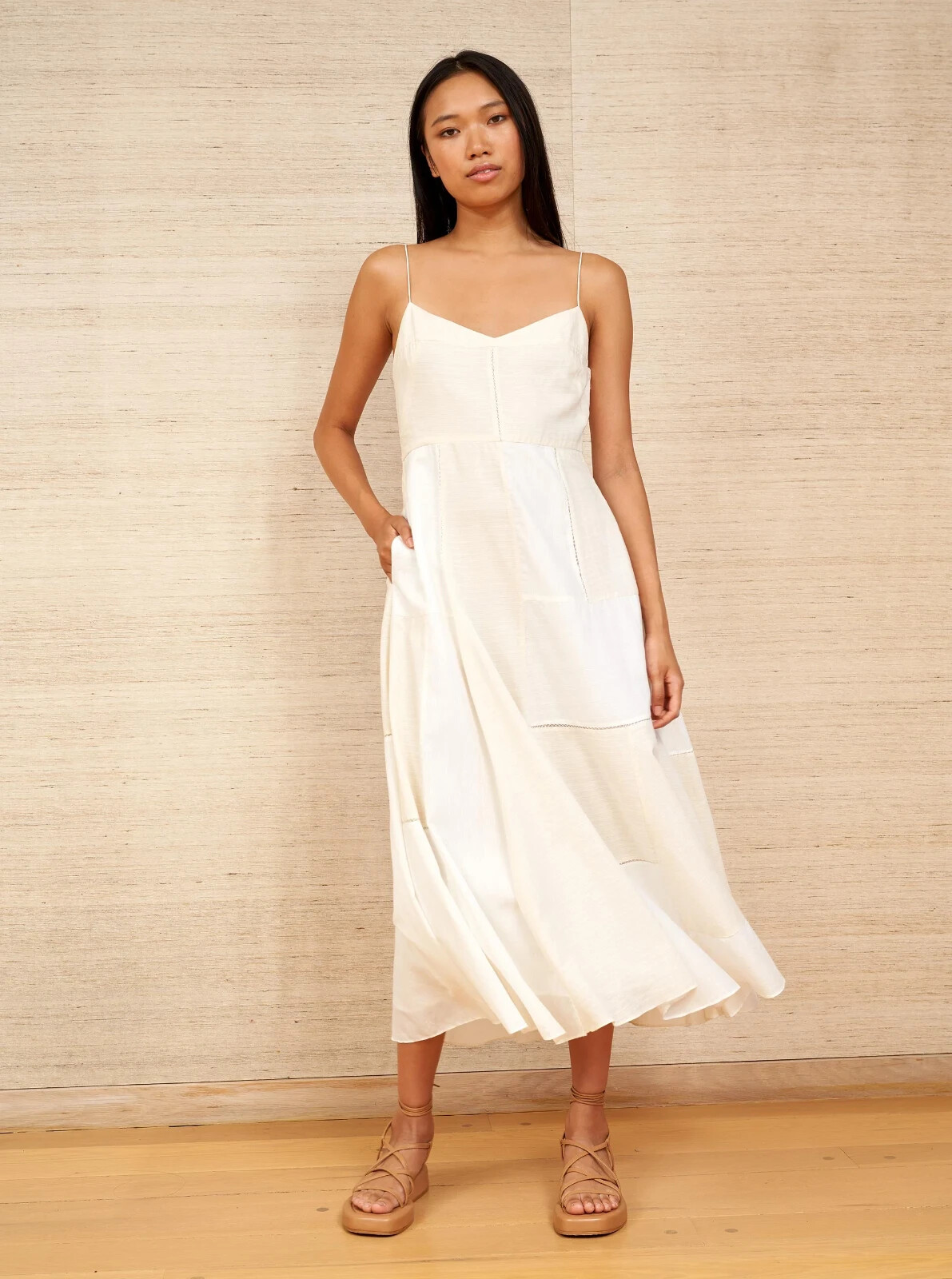 LA LIGNE Natural Ivory Patchwork Ethereal Goddess Celeste Midi Dress LARGE 10/12