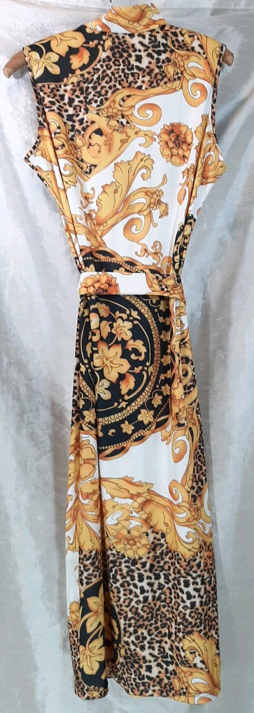NWOT Zip Down V-neckline Bodycon Midi Dress Strap Tie Waist Floral/Animal Print