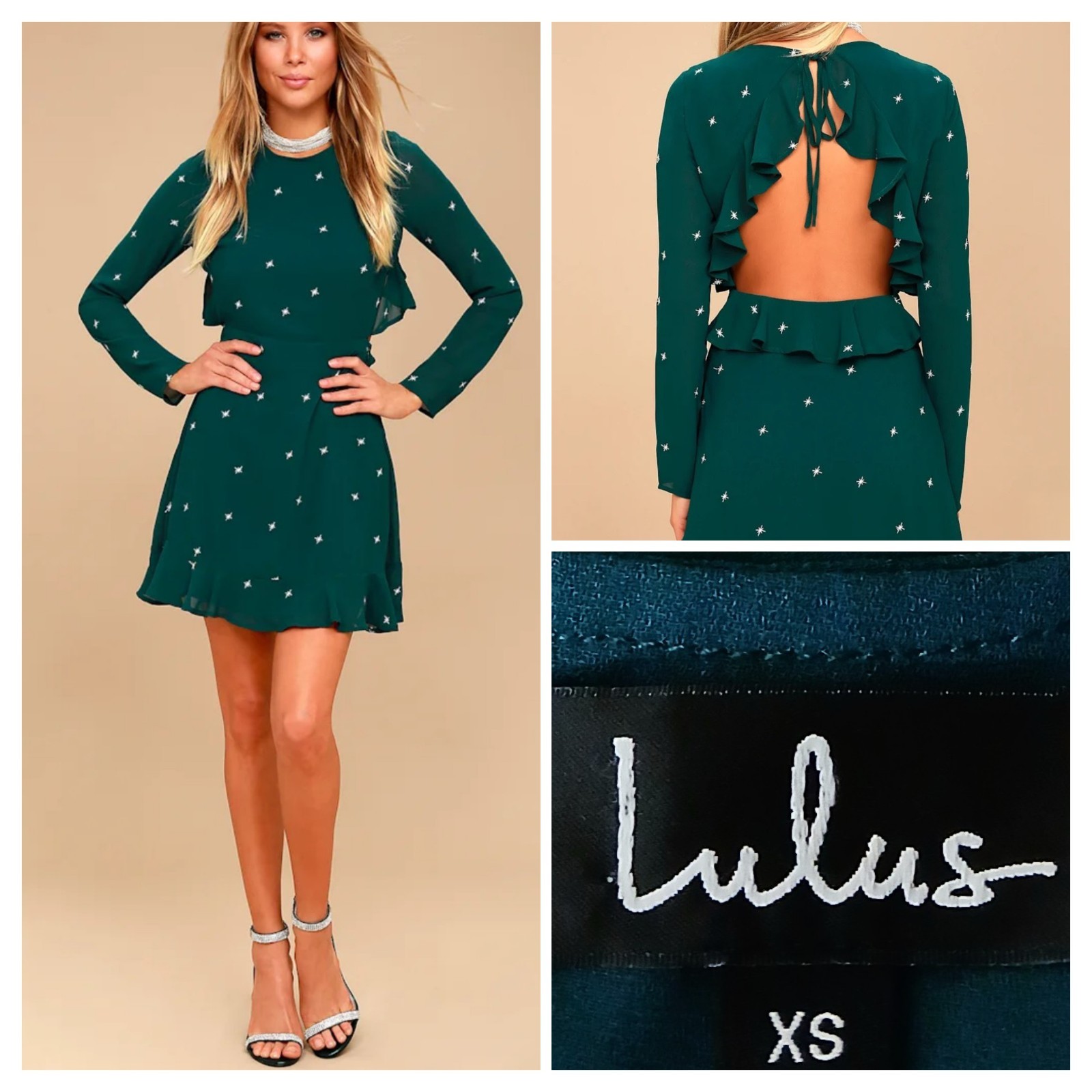 Lulus Dress XS Counting Constellations Green Star Embroidered Open Back NWT