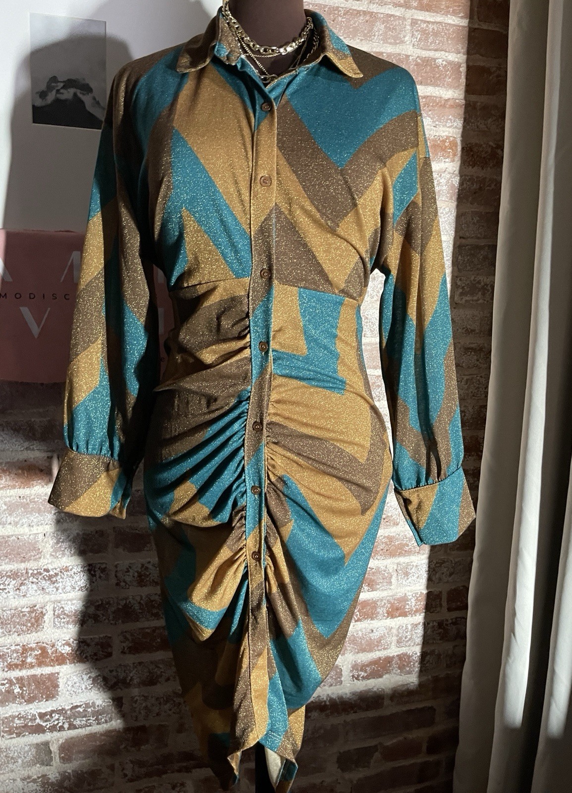 New! Venti6 Turquoise Brown Chevron Sparkle Ruched Button Midi Dress Long Sleeve