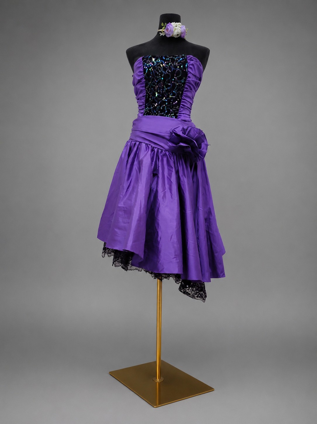 VTG 80’s Zum Zum Black Purp Prom Dress Shoulders Off /Assimetrical Hem