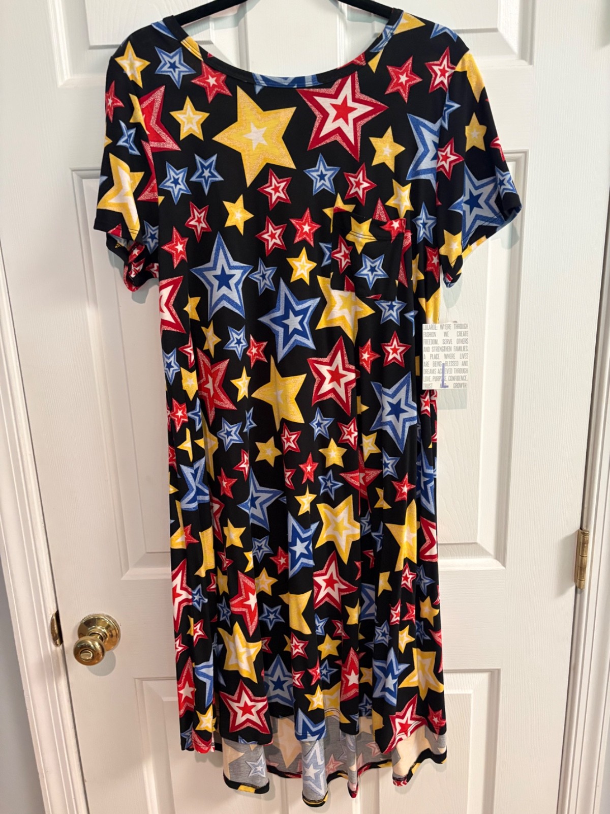 LuLaRoe NWT Carly dress Large (12-14); colorful stars w/ black bckgrnd; American
