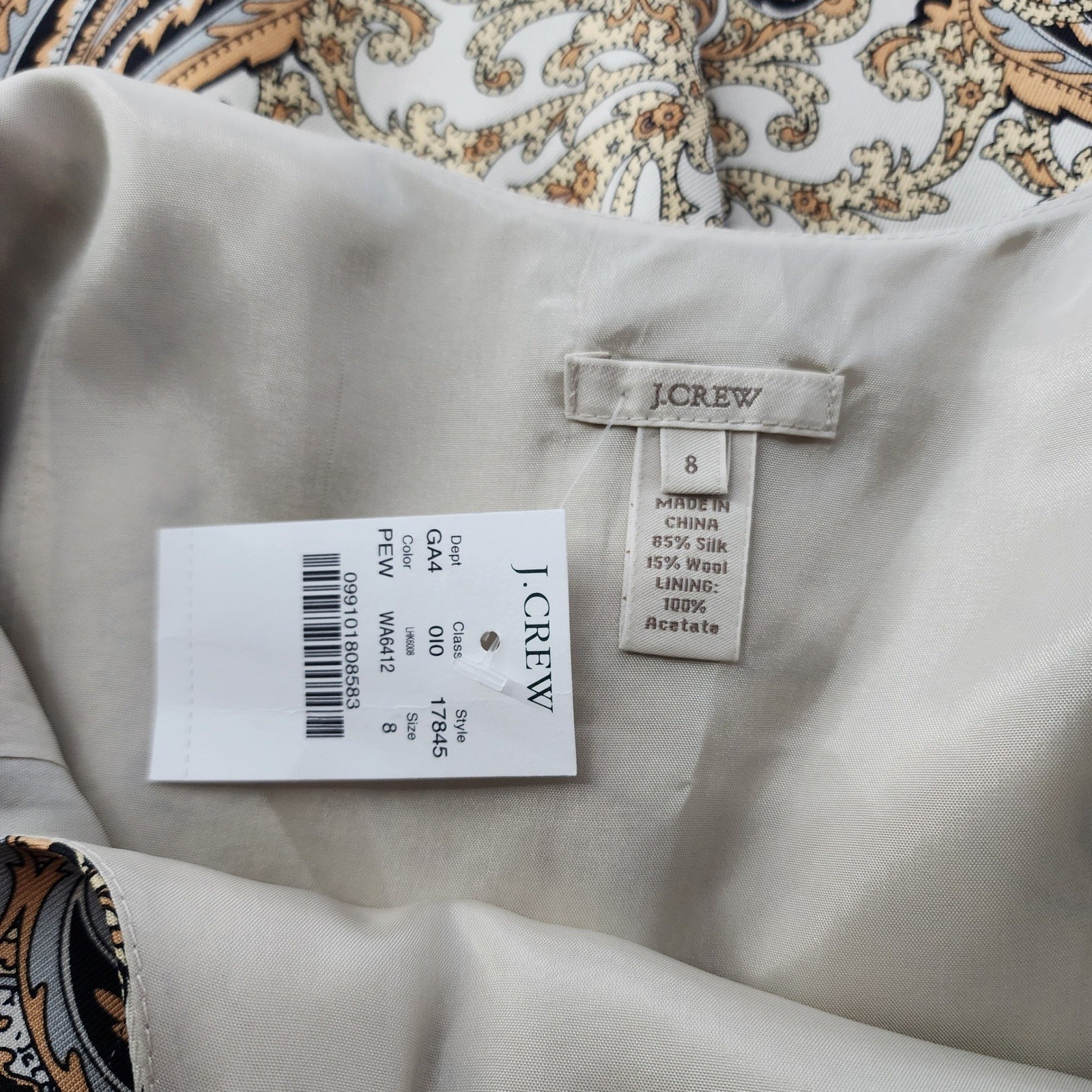 J.Crew Dress Size 8 Silk Wool Blend Elegant Paisley Ivory Gold Pockets Luxe NWT