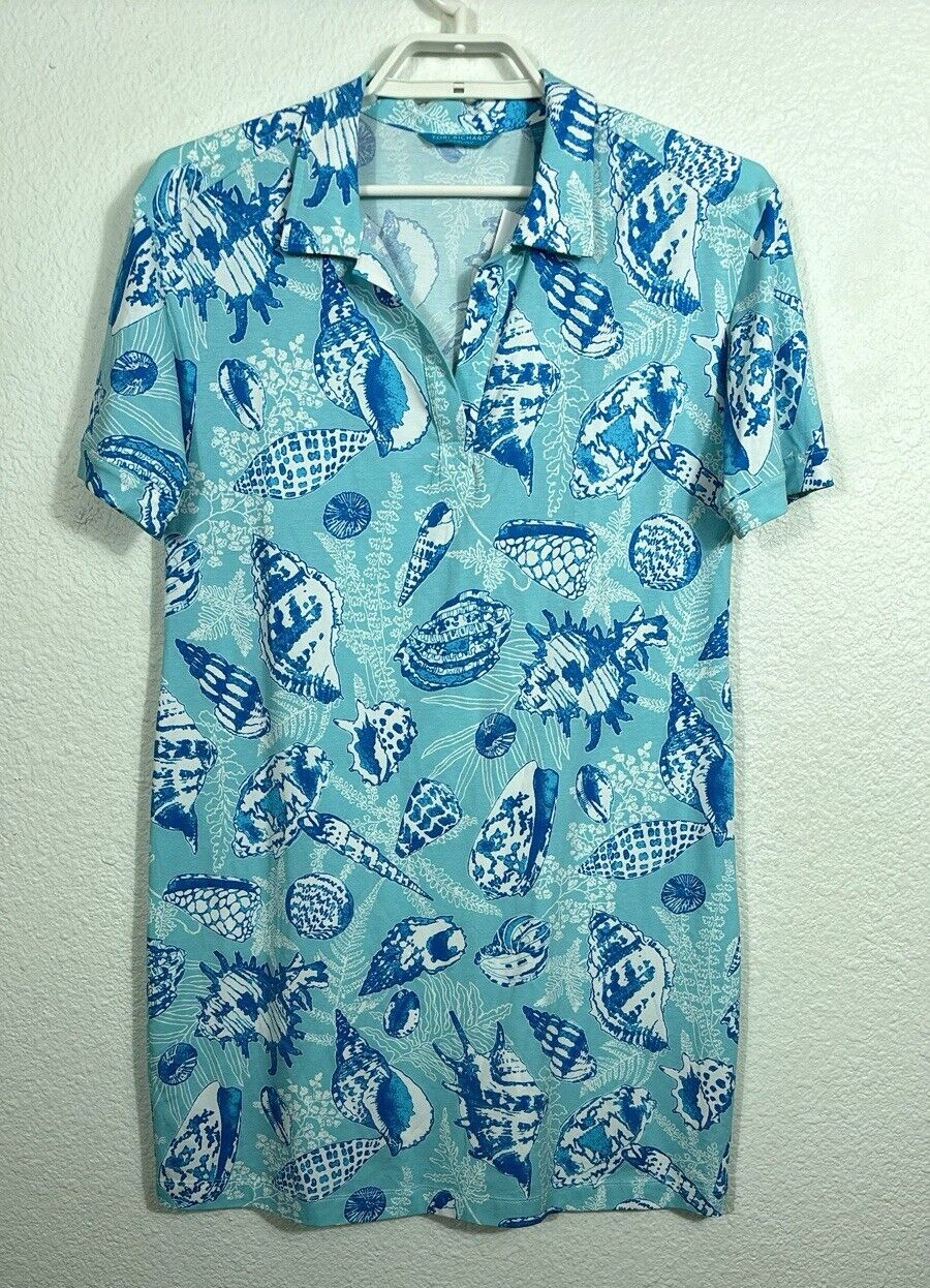 Tori Richard Dress Size Large Sea Of Love Jasona Blue Shells Cotton Blend NWT