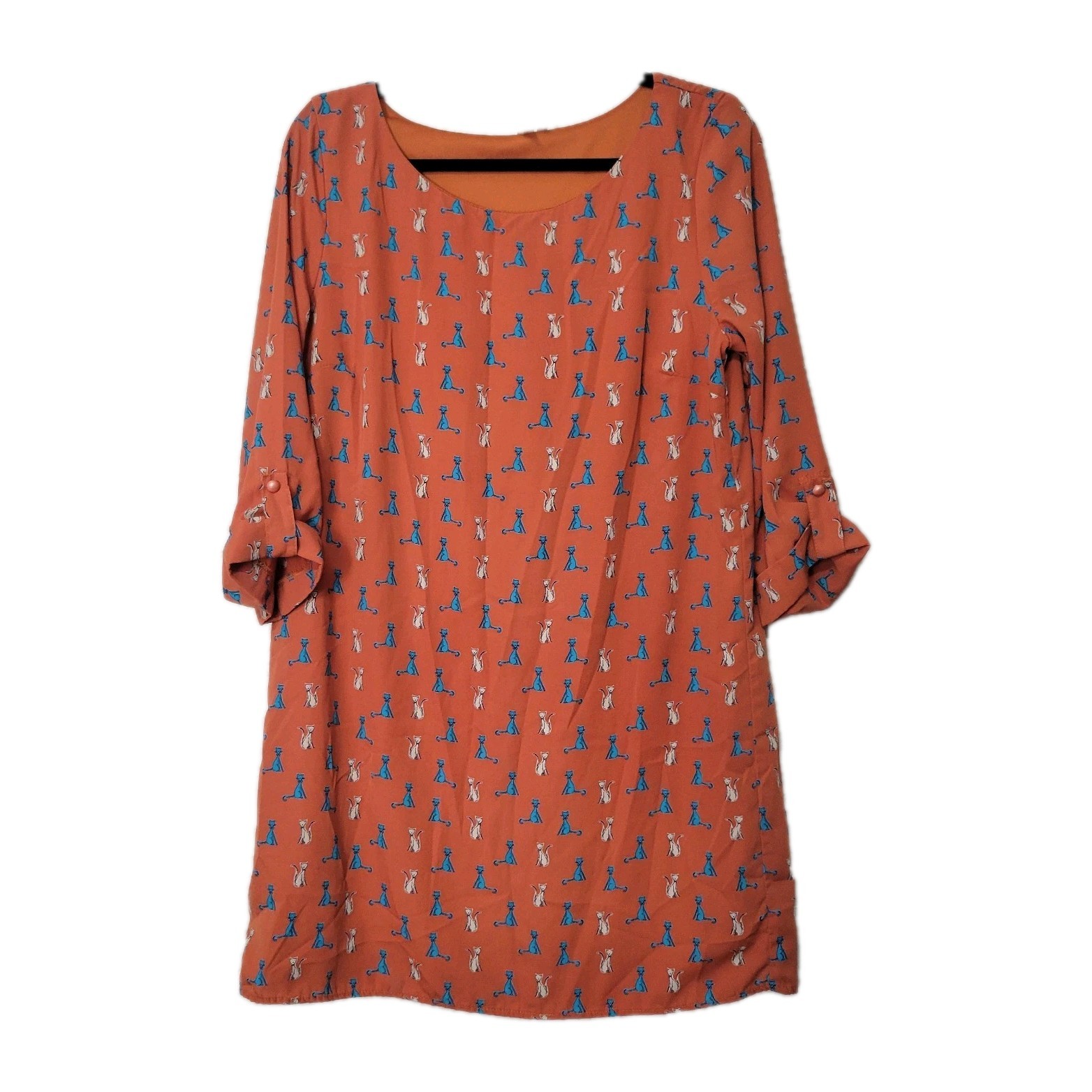 Pink Owl Shift Dress Large Orange Cat Animal Print Polyester Whimsy Summer Artsy