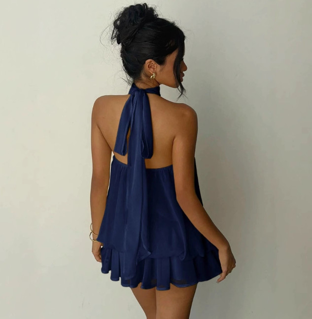 Womens Halter Neck Backless Mini Dress Sleeveless Ruffle Tiered Flowy Sundress