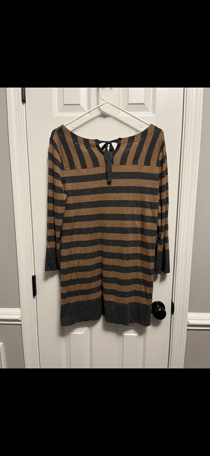 Women Grey & Brown Striped sweater dress. Wool Cotton Blend 2 front pockets L