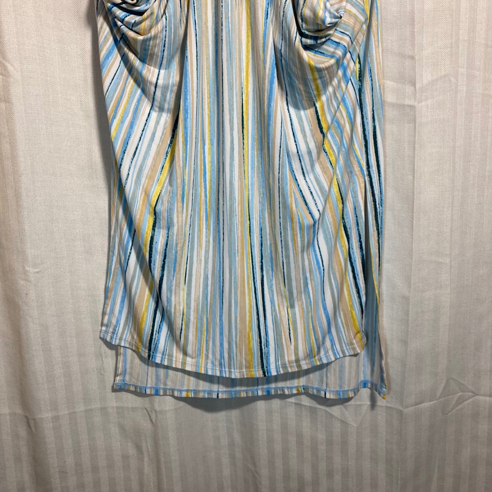 BCBGeneration Blue Yellow Striped Draped Pocket Midi Dress XS Sleeveless V-Neck