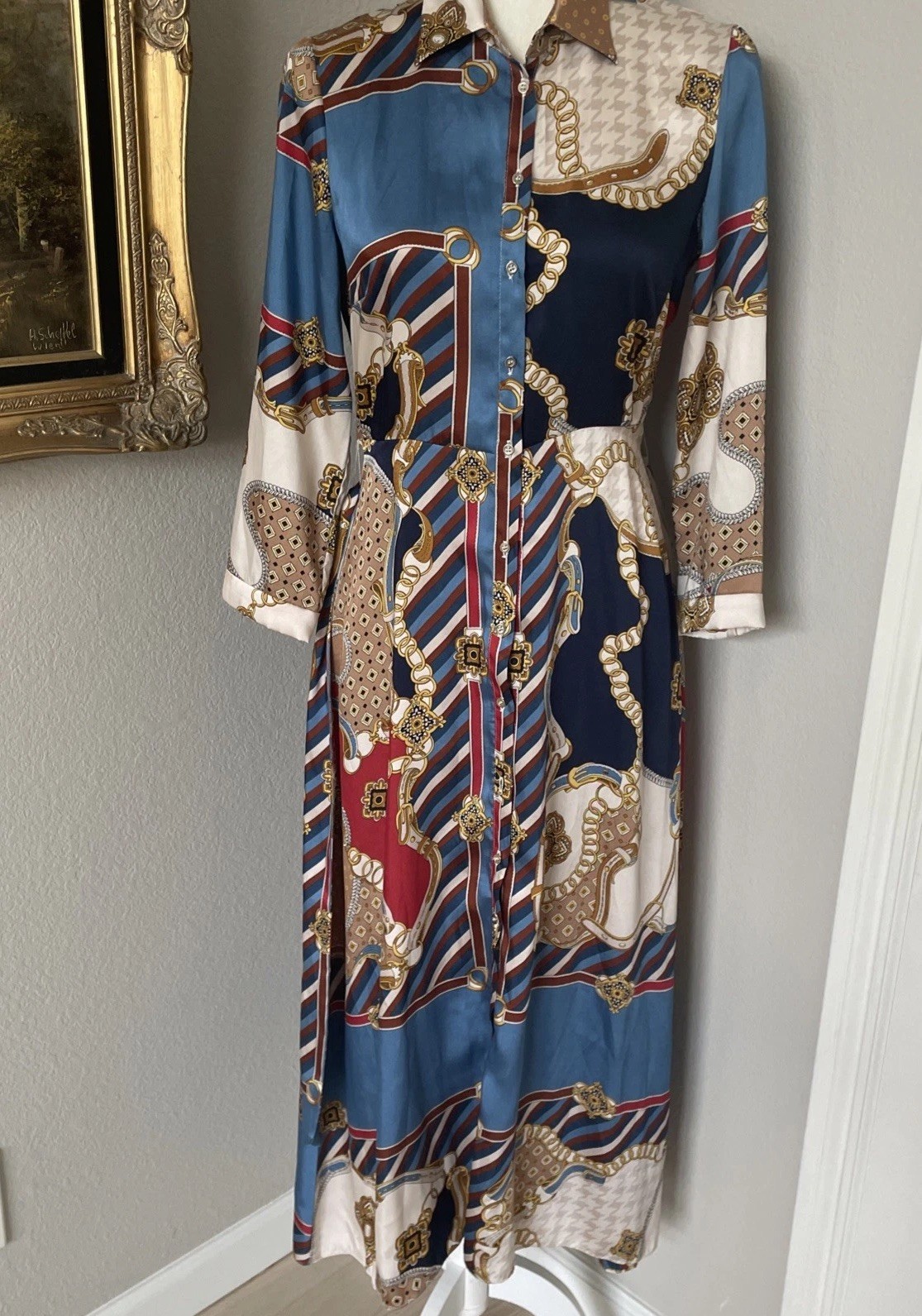 ZARA Chain Pattern Scarf Print All Over Shirt Dress Sz S Midi Equestrian GUC