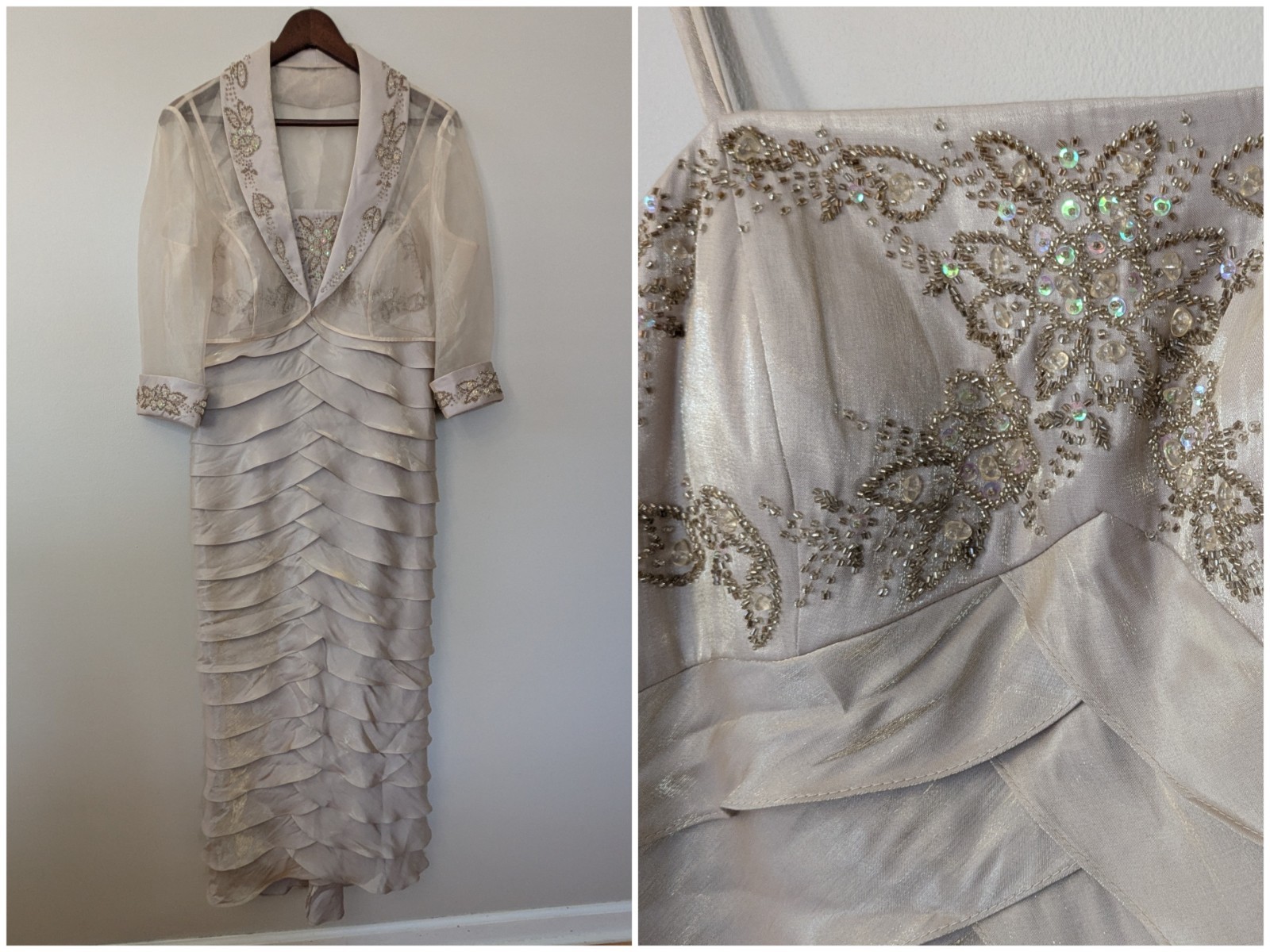 Vtg Y2K Alex Evenings Beaded Tiered Formal Evening Gown & Sheer Jacket Set 12P
