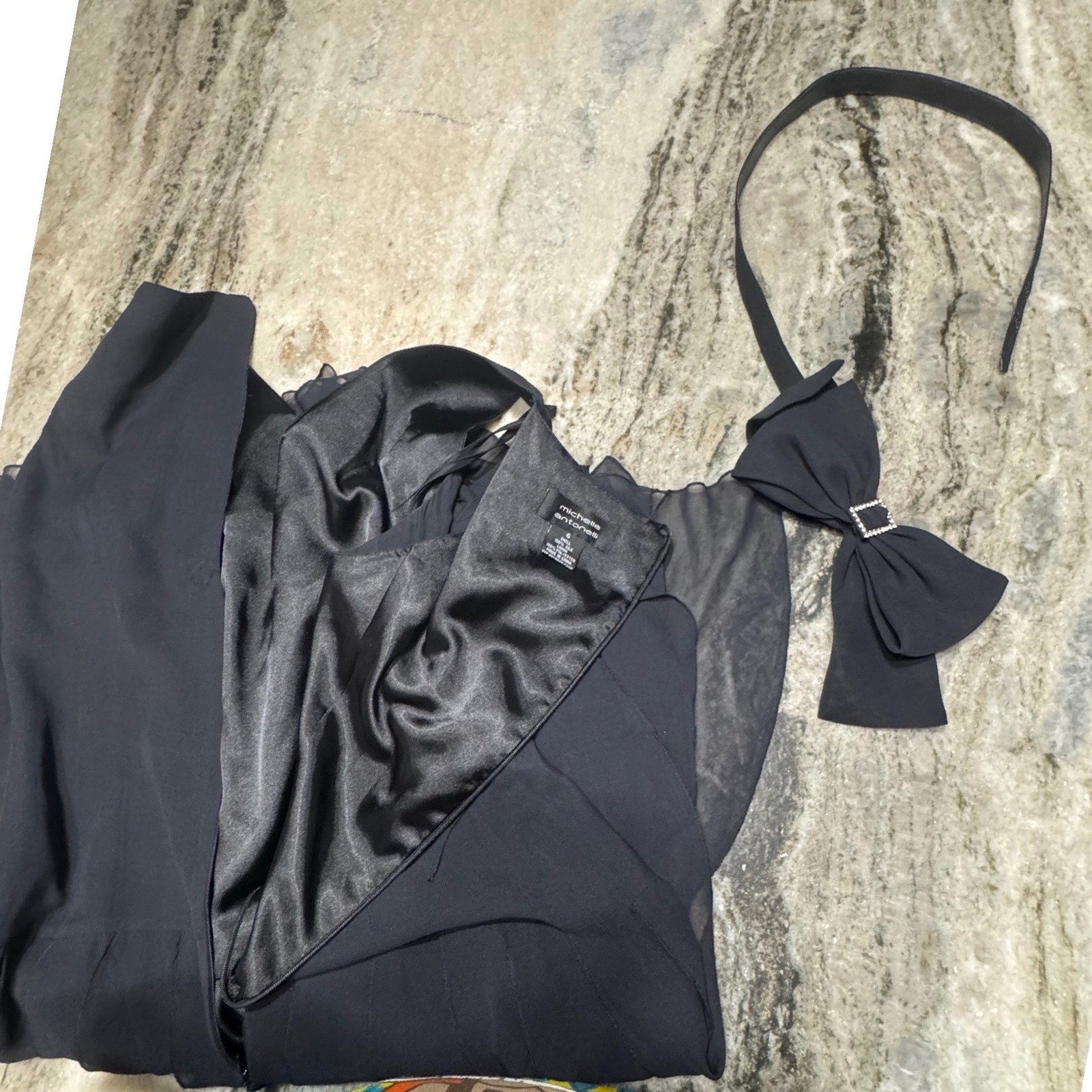 Michelle Antonelli Silk Cocktail Dress Womens 6 Layered Flounce Black Bow Belt