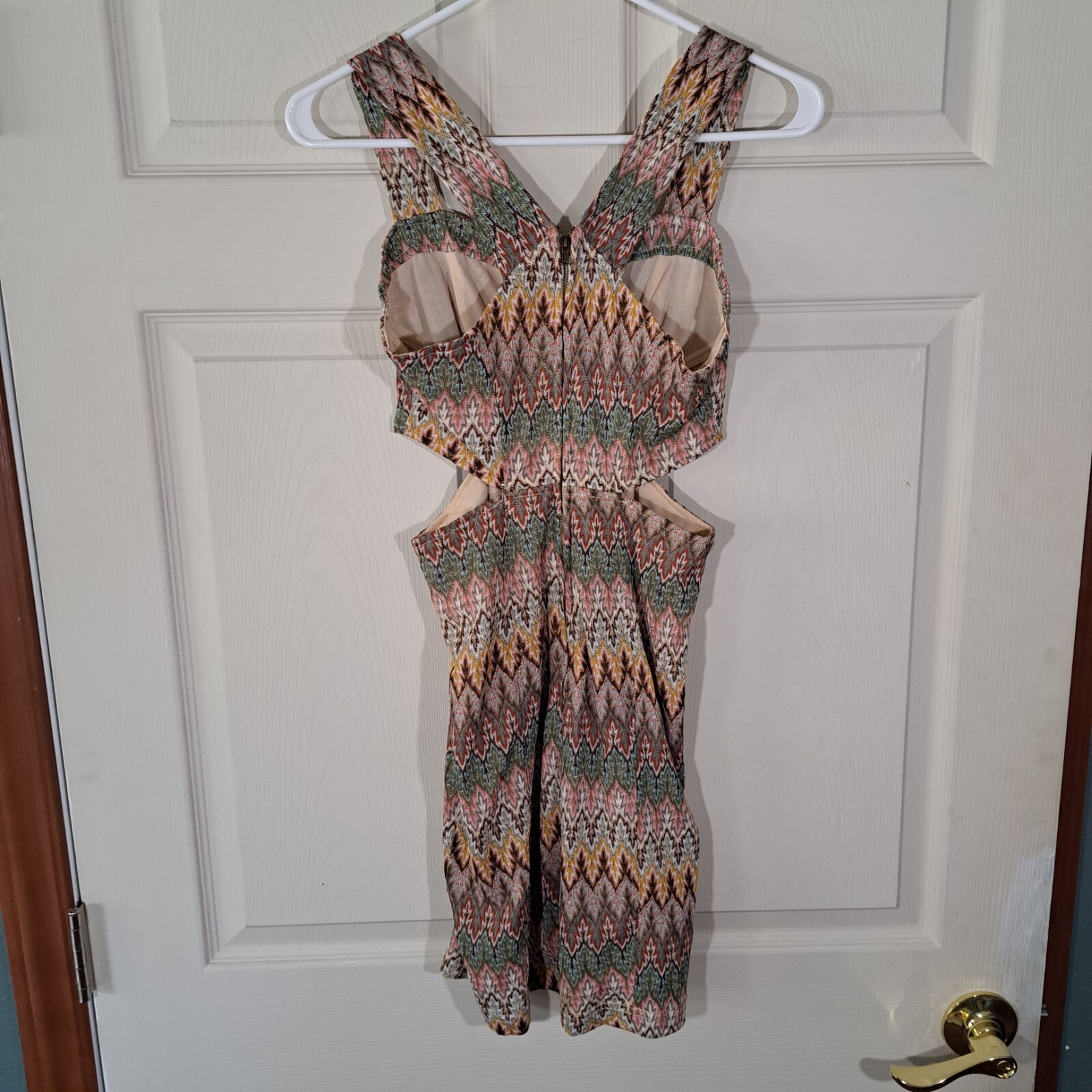 Ark And Co Womens Dress Size Small Beige Pink Green Slit At Waist Zipper Closure