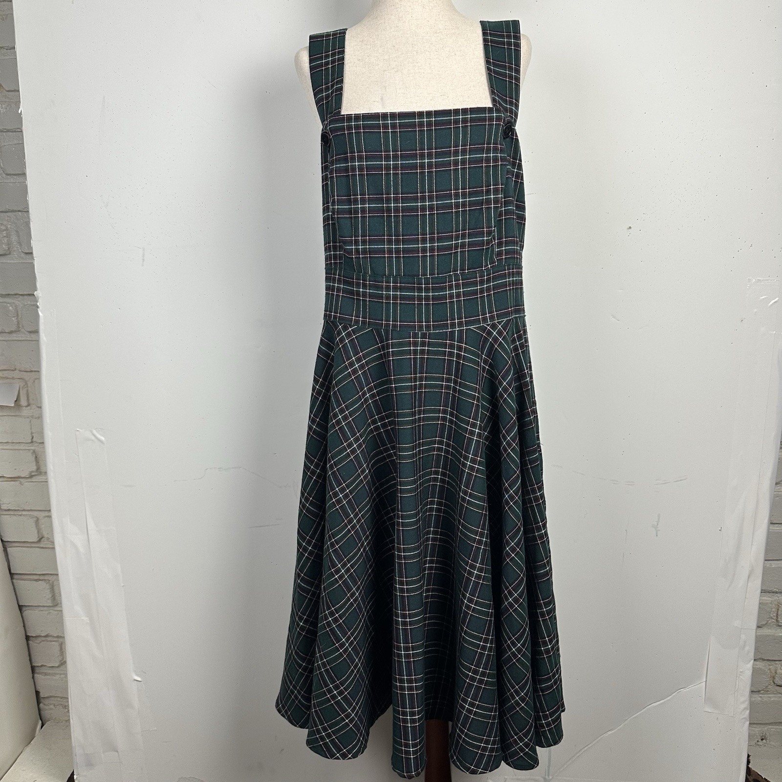 Hell Bunny Peebles Pinafore Midi Dress Green Tartan Plaid Retro Rockabilly 50s L