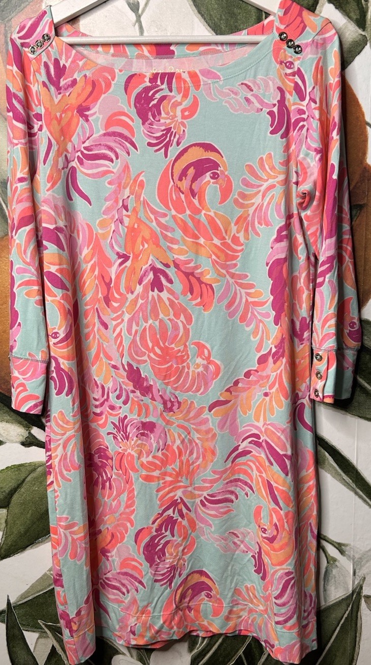 Lilly Pulitzer Large Sophie Dress Poolside Love Birds Blue Pink 17412