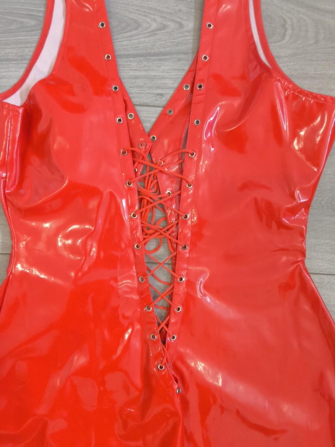 BNWOT Bright Red PVC Plunge Neck Lace Up Front & Back Bodycon Dress Size 10-14