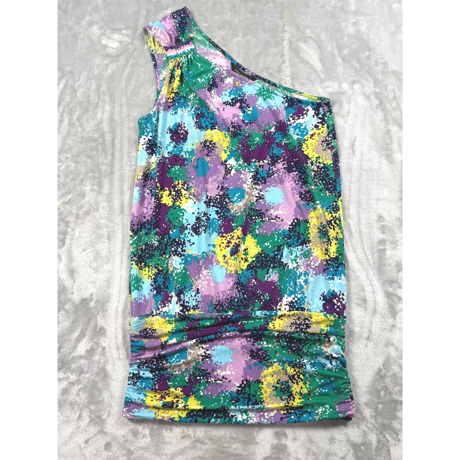 BCBGMAXAZRIA One-Shoulder Y2K Digital Print Violet Combo Mini Dress Size Small