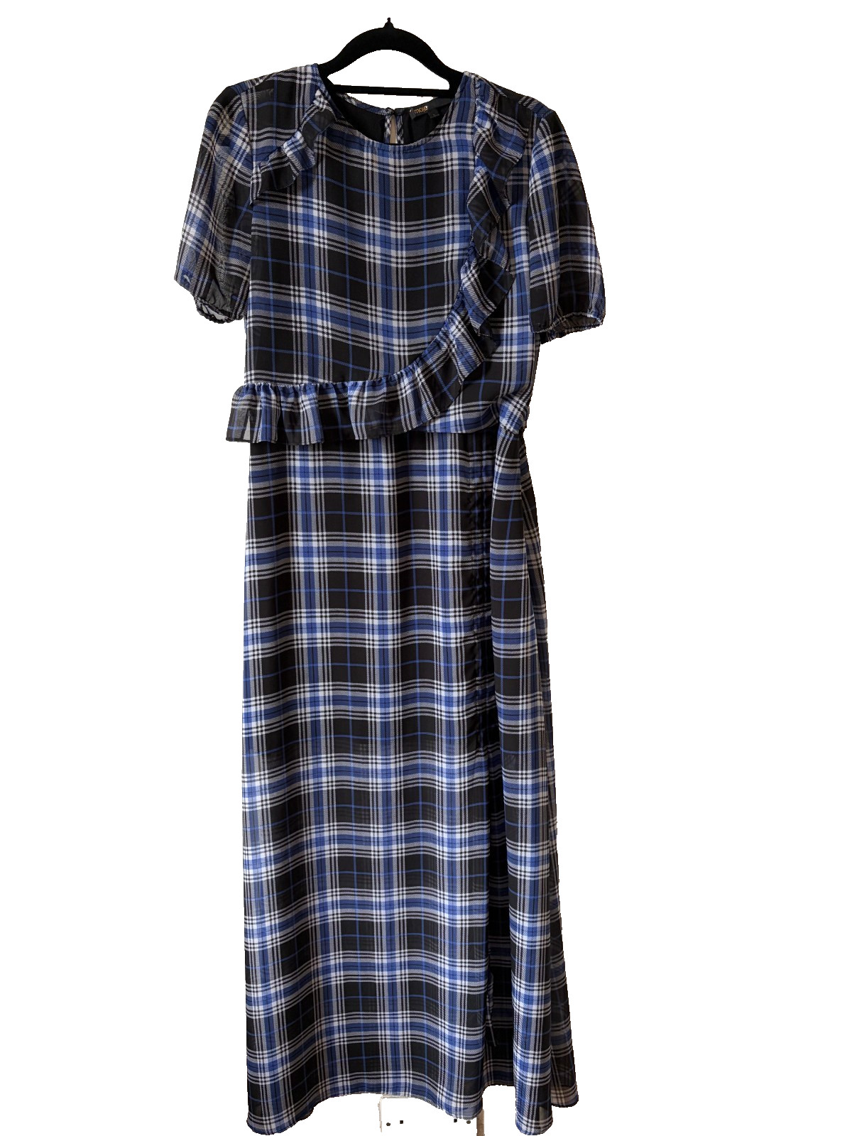 Maje Side-Ruched Plaid Tartan Blue and Navy Long Dress Ruffle UK size 10