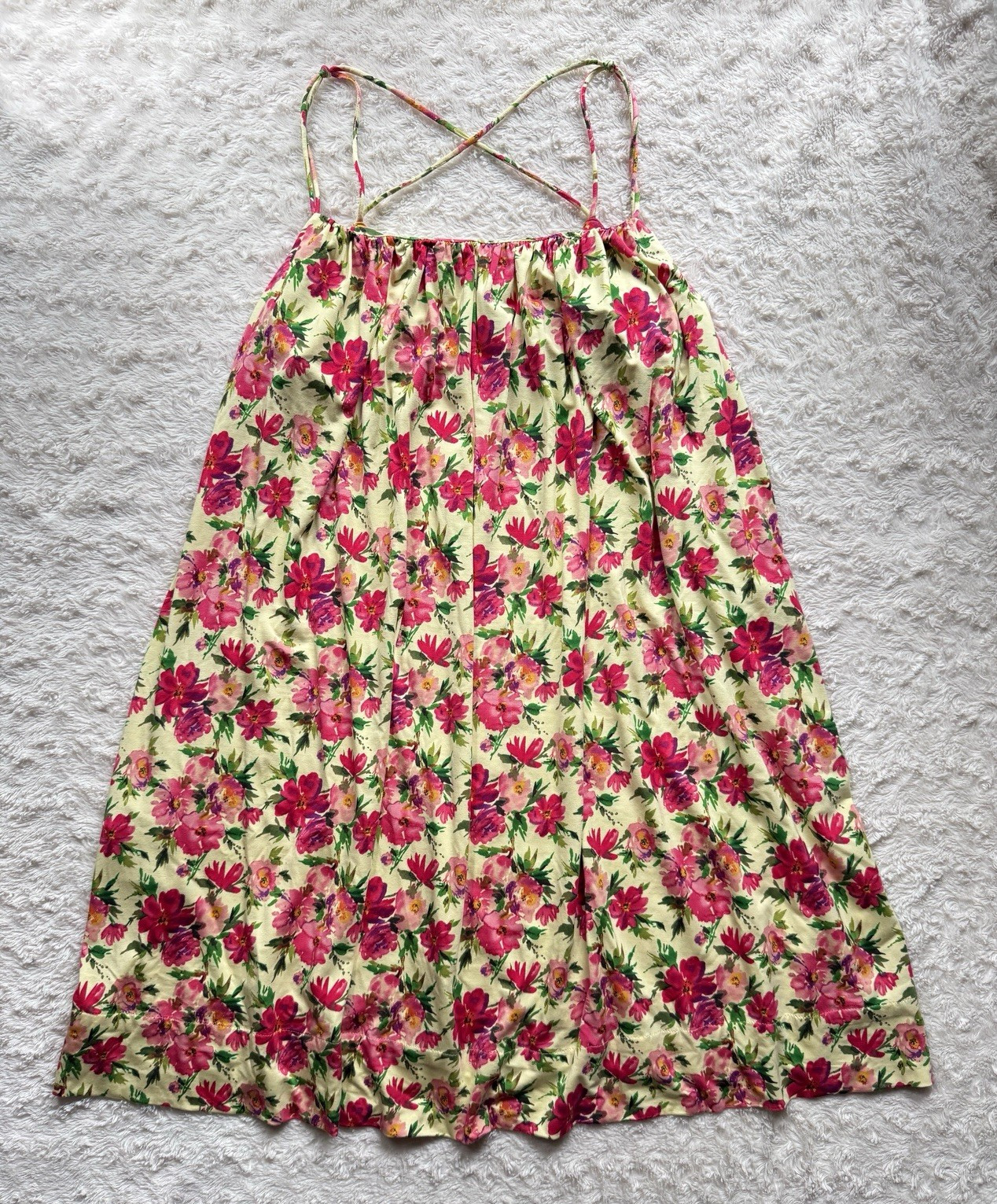 Calvin Klein Cream/Pink/Green Floral Scoop Neck Strappy Knee Dress 6 Rayon