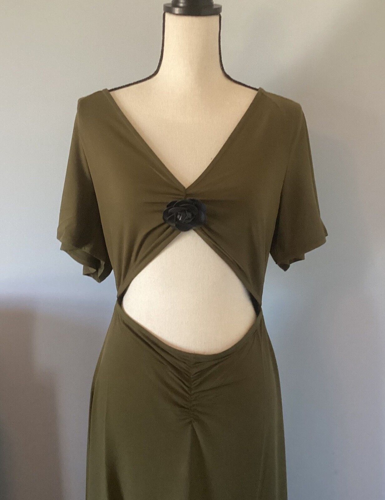 We Wore What Cutout Middrift Military Olive Green Asymmetric Midi Dress Size LG