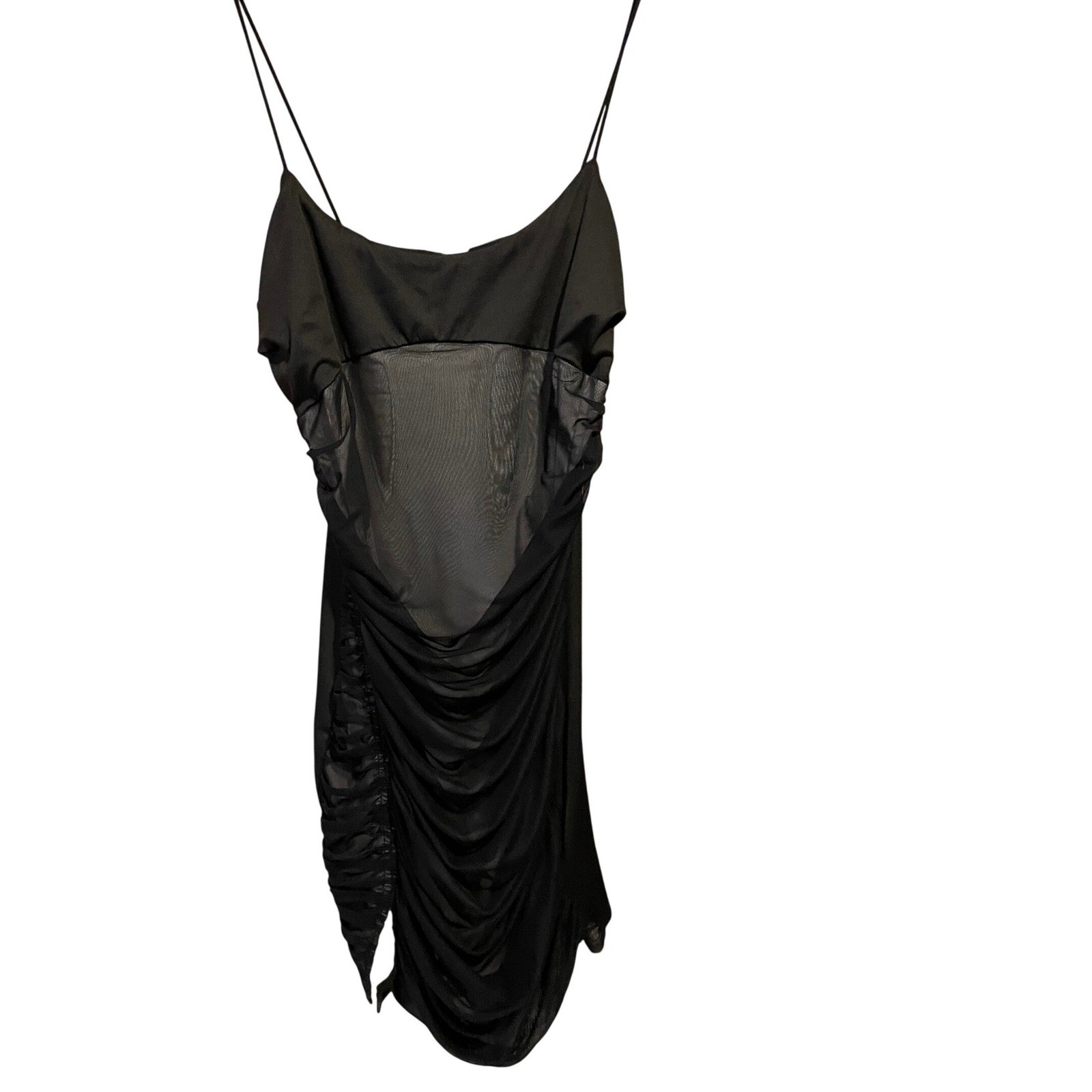 Y2K Black Ruched Mesh Mini Dress Bodycon Sheer Club Party Going Out Dress