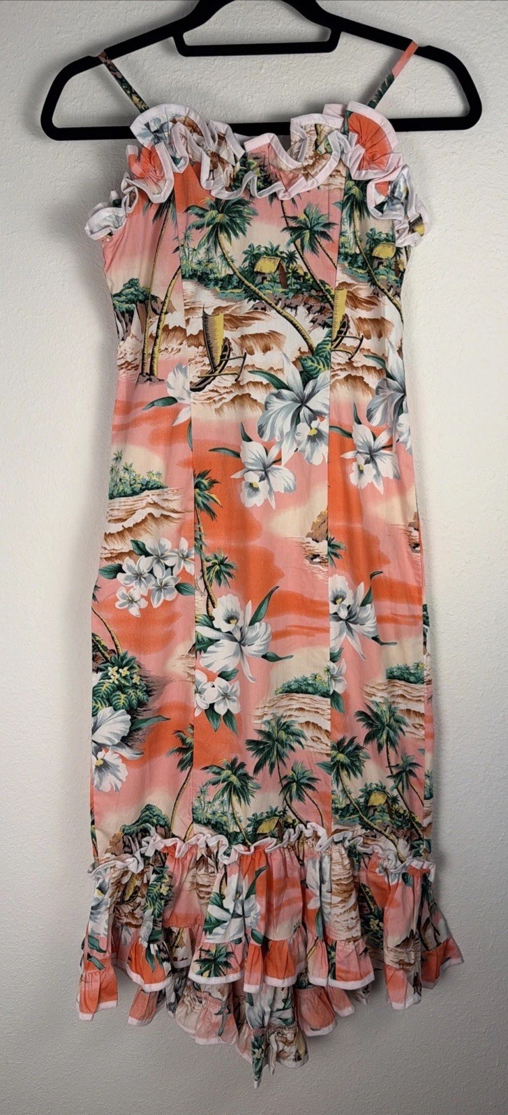 KY’s Hawaii Youth Girls Pink Long Muumuu Dress Sz 10 Tropical Floral Ruffles NWT