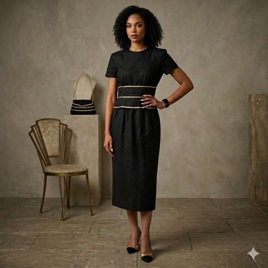 Black Midi Dress Short Sleeve Gold Chain Belted Waist Formal Cocktail Sz 10 M