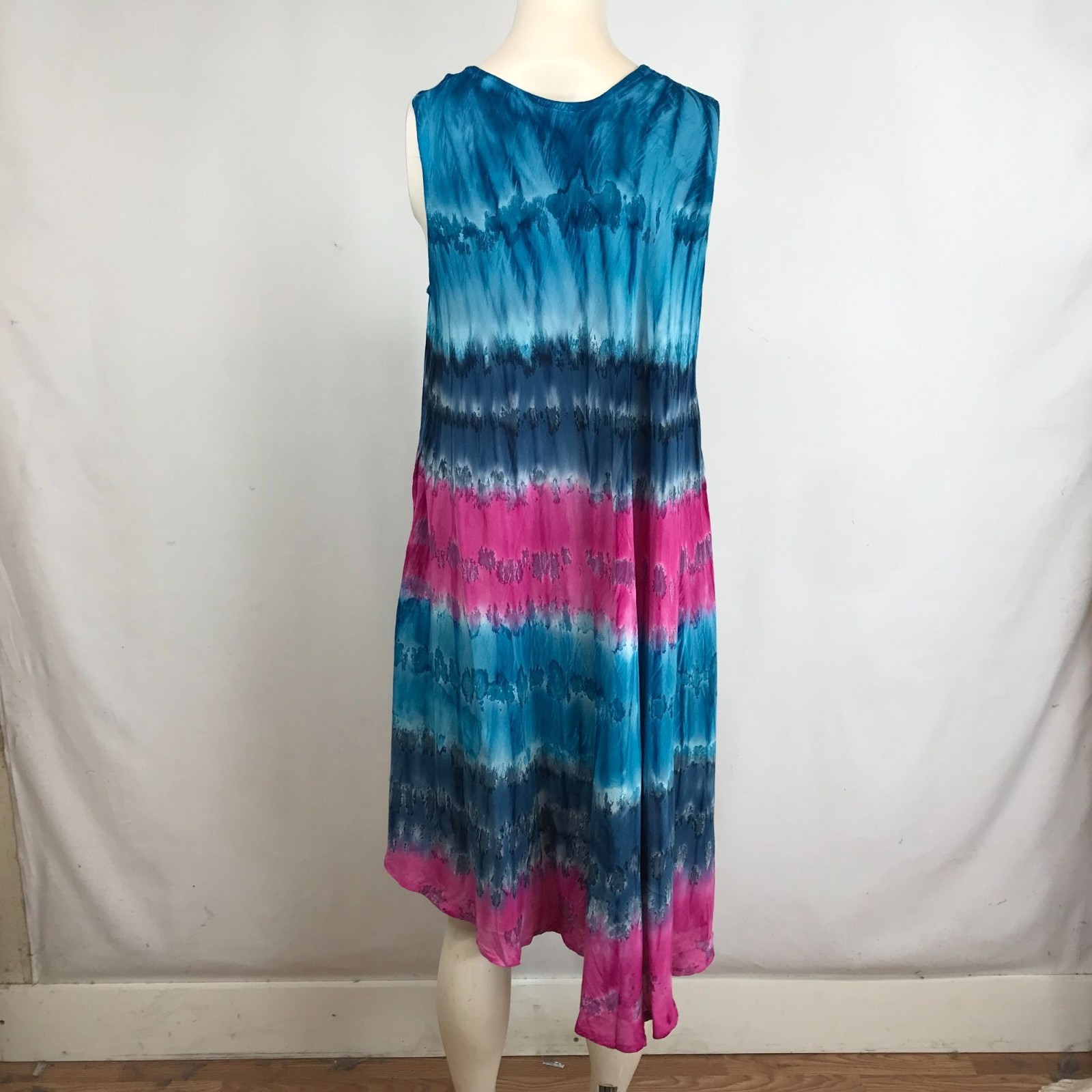 SAKKAS – WOMEN’S ONE SIZE – NAVY & PINK SLEEVELESS ROUND NECK 100% RAYON DRESS