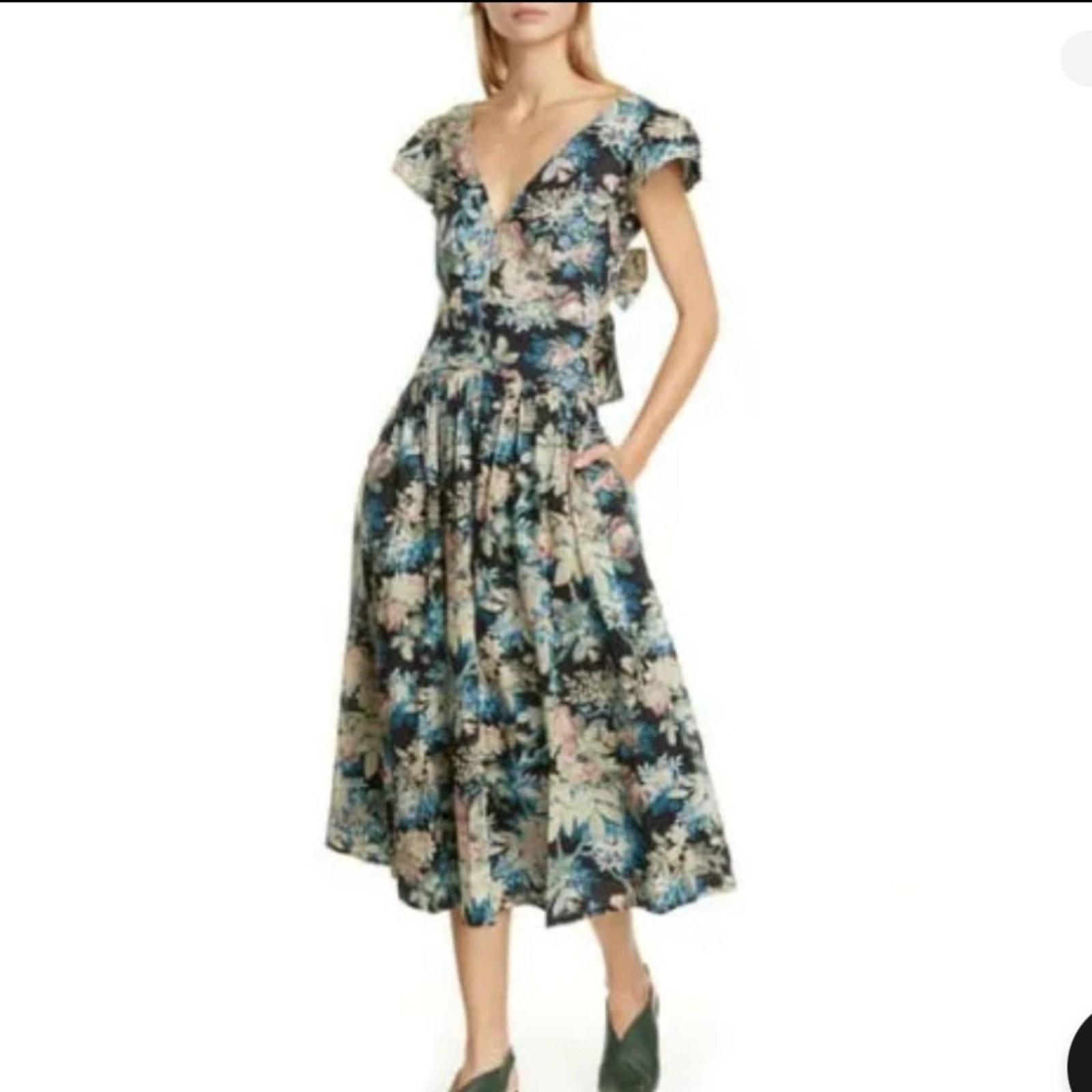La Vie Rebecca Taylor – Black, Beige & Blue Floral Print Cap Sleeve Maxi Dress S