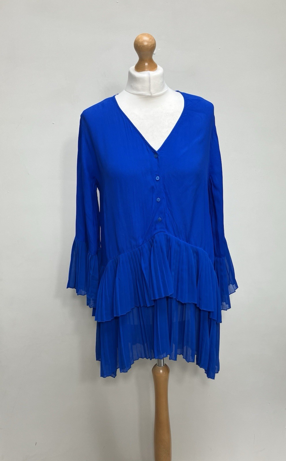 Zara Dress Women’s Size Small Royal Blue Pleated Floaty Sheer Ruffle Holiday