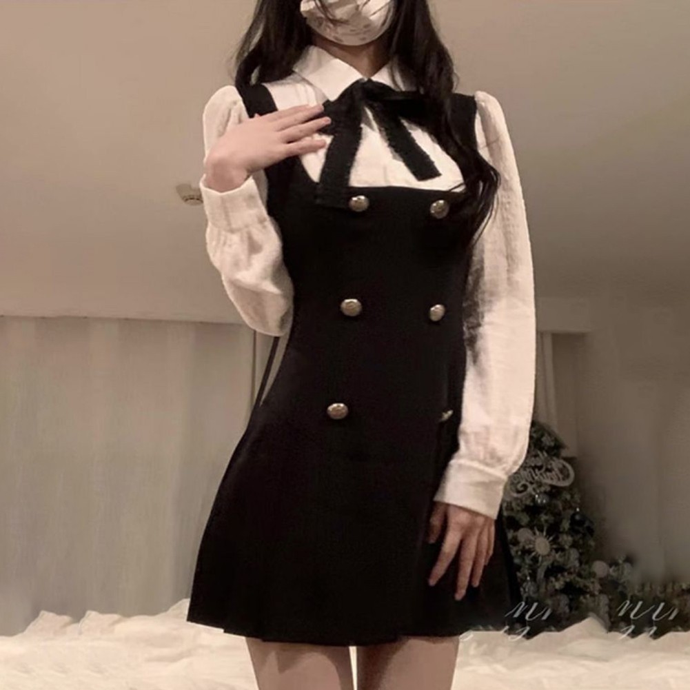 Comfy Spring Autumn Fashion Bow Fake Two Pieces Sweet Bow Buttons Design