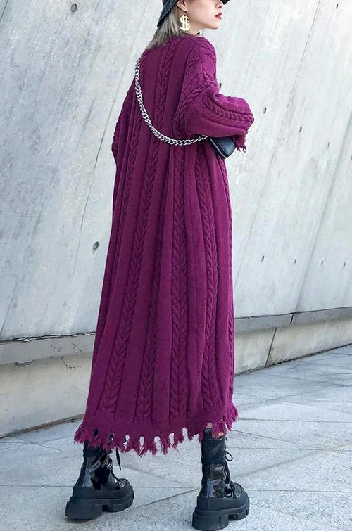 COZY! OVERSIZED PURPLE CABLE KNIT WOOL BLEND CHUNKY LONG DRESS SWEATER