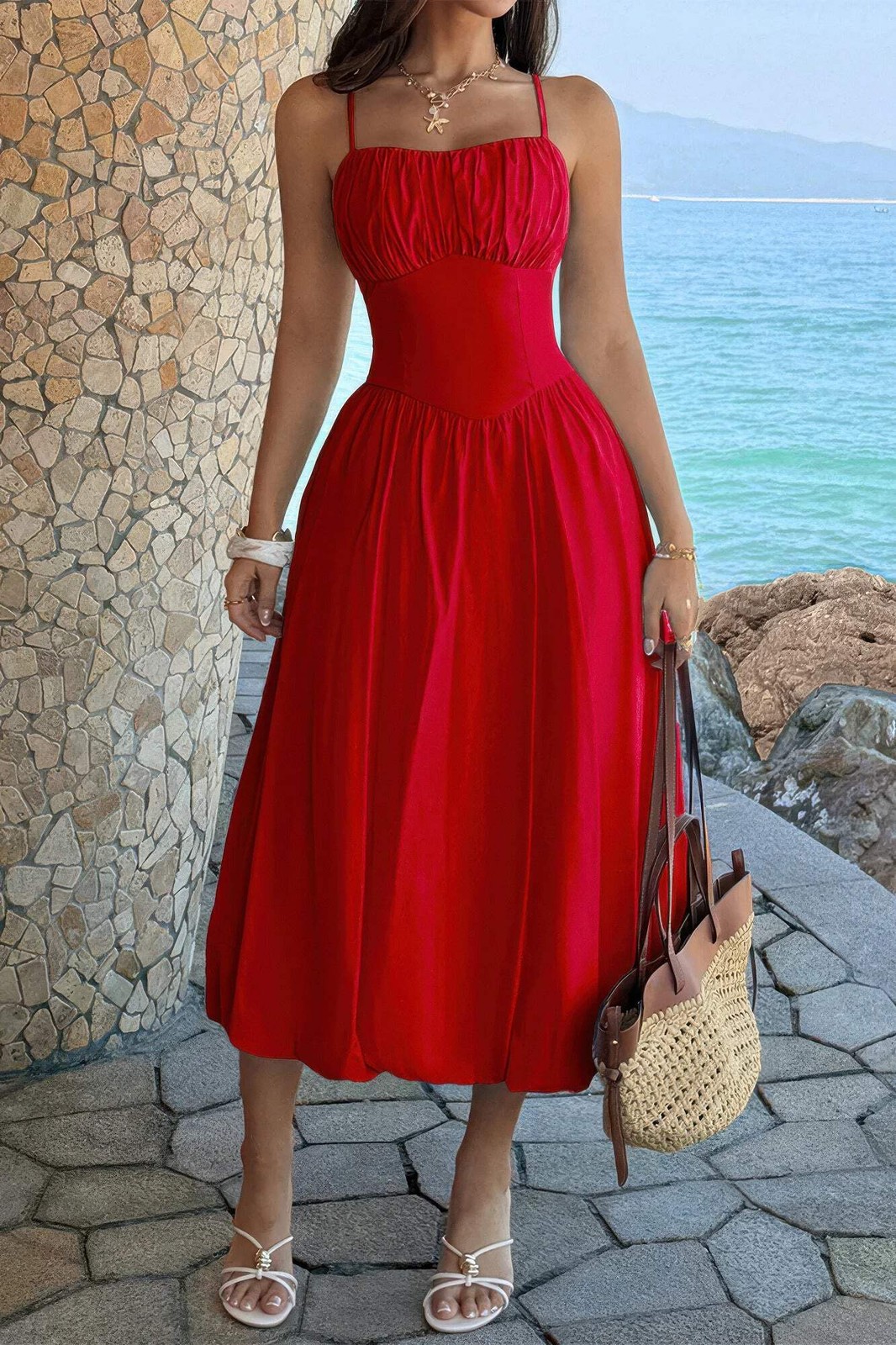 Women’s Square Neck Sleeveless Ruched Bust A-Line Midi Dress Open Back