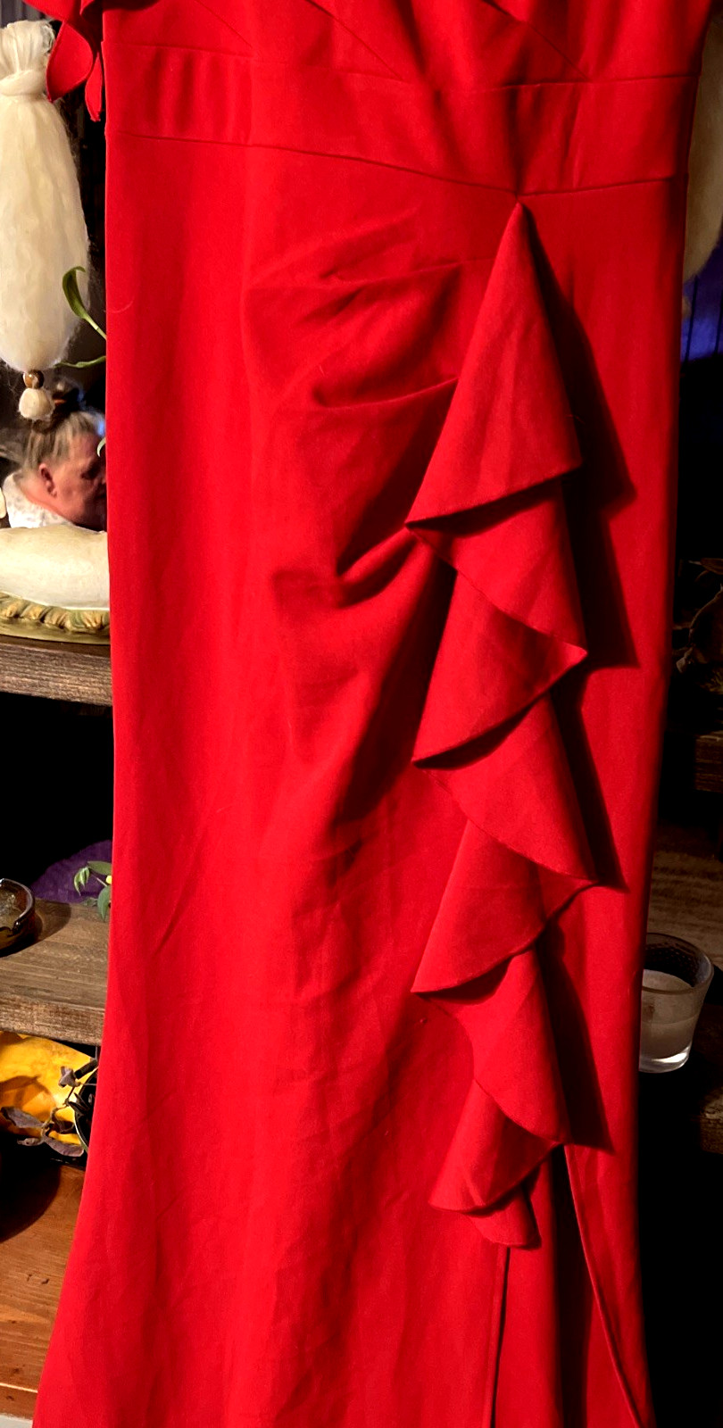 Woosea Women Size L Red Formal Ruffled/Split Front Round Neck Cape Sleeve Dress