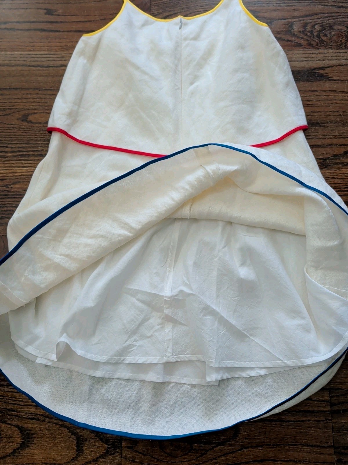 Lisa Perry Tiered 100% Linen Off White Midi Dress Made NY Whimsical Retro Sz 0