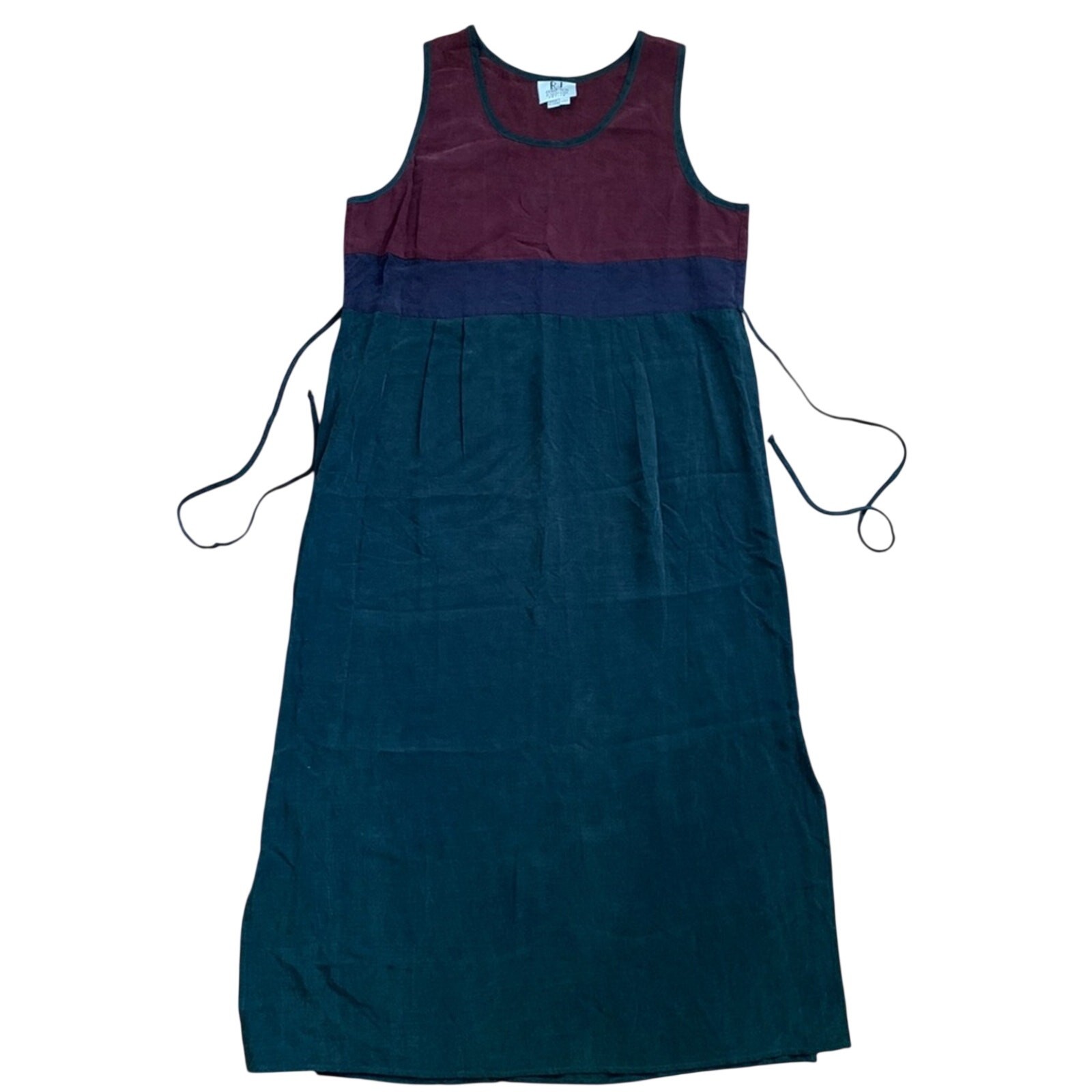 90’s Sleeveless Tie Waist Burgundy Green Midi Slip Dress Sz 14P Artsy Lagenlook