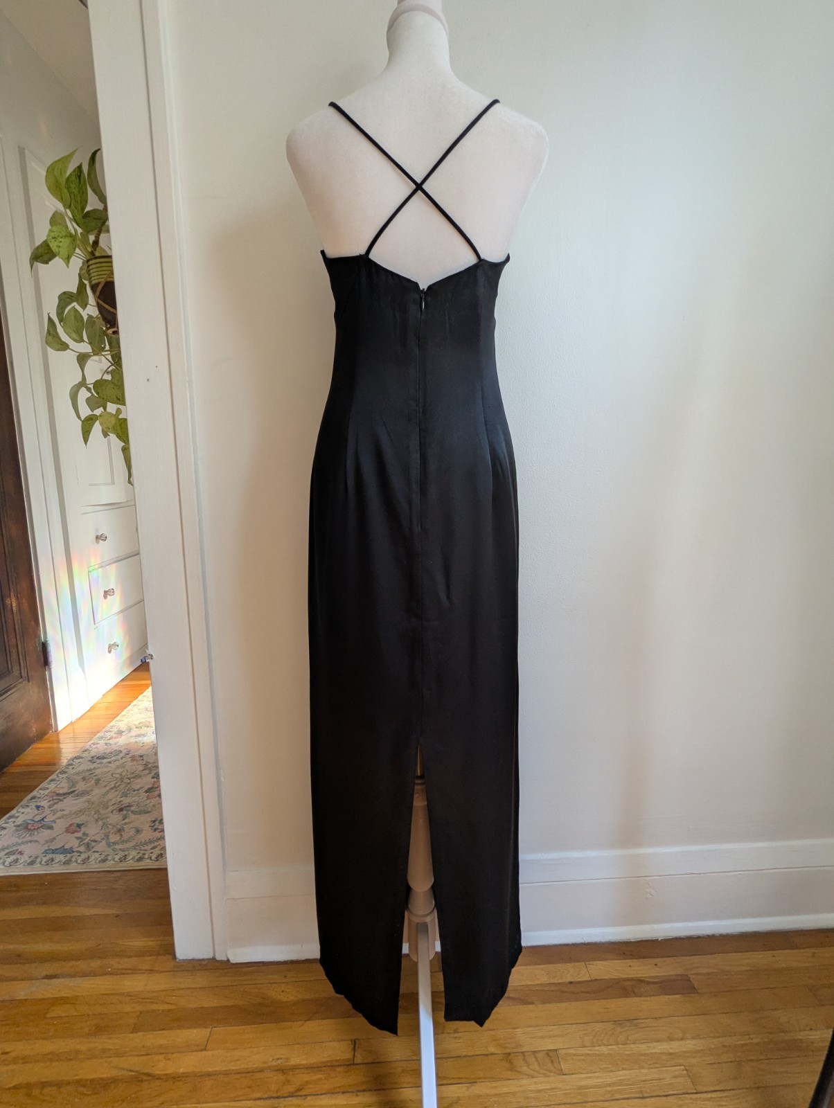 Vintage 90s Elegant Black Satin Sheath Gown With Beaded Bodice Square Neck 12