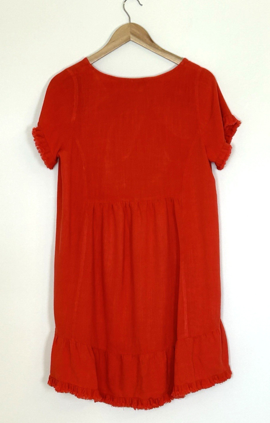 UMGEE Linen Blend Dress Bright Orange Coral Ruffle Fringe Boho Beach Coastal S