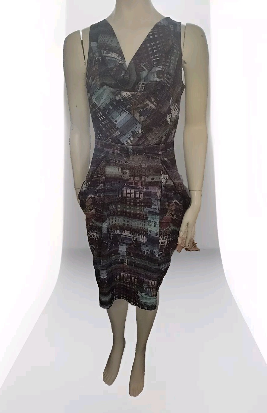 Uttam Boutique London City Scene Sleeveless Dress ~ Size 0/2 Cowlneck & Pockets