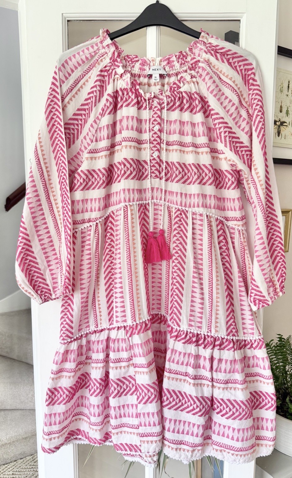 Next Pink Coral & Cream Ikat Print Smock Tie Neck Kaftan Dress Size XL UK 20-22