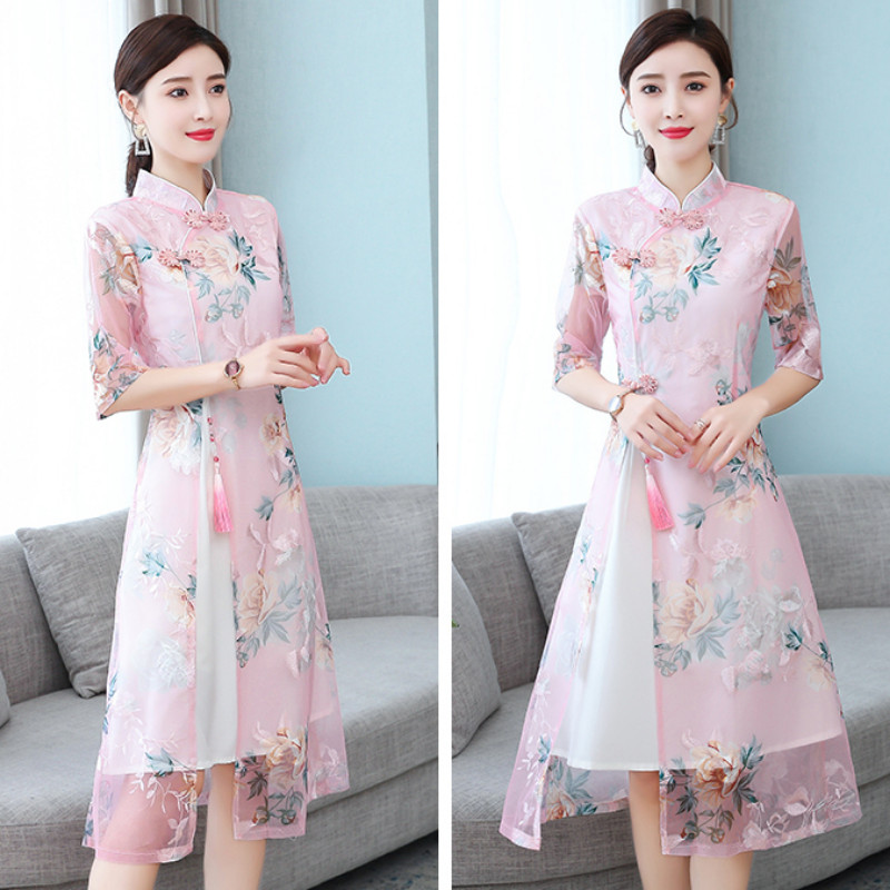 Ladies Flower Pattern Mesh Cheongsam Qipao Dress Side Slit Half Sleeve Elegant