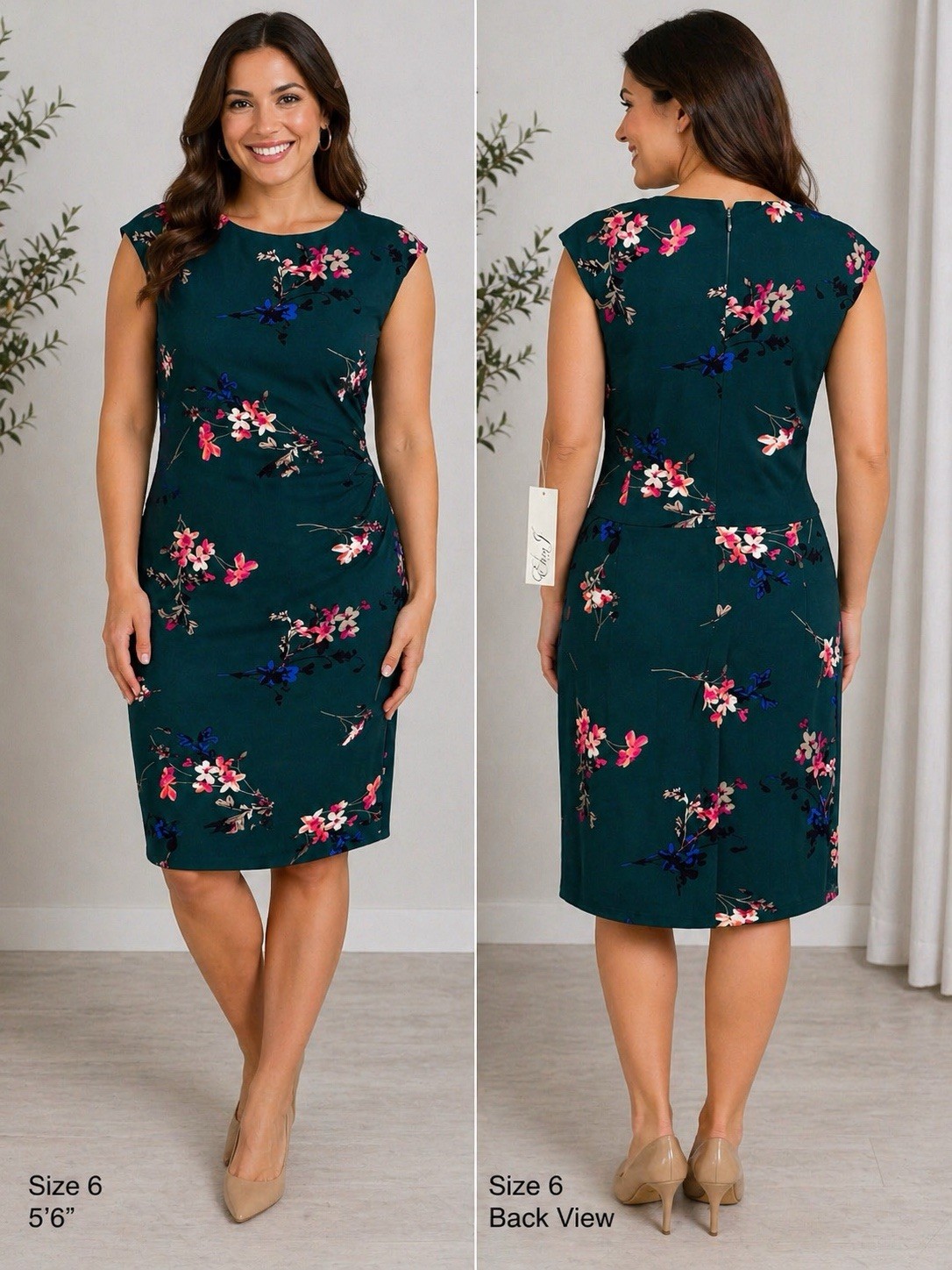 ELIJA J emerald green floral midi dress Rouched waist sz 10 New wedding Slimming