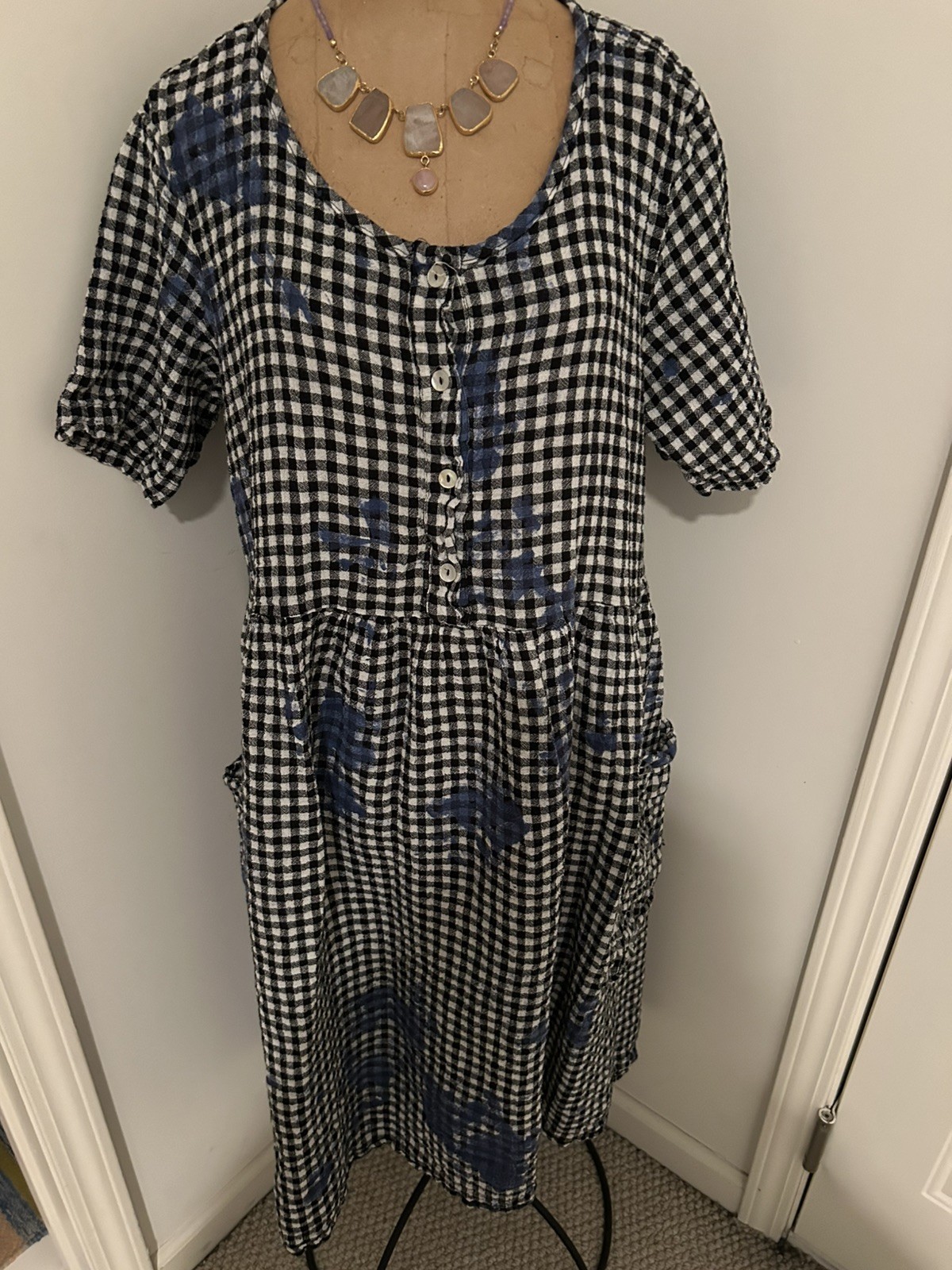 Luukaa Sz 14-16 Checker Black/White/Blue Buttons Pockets Short Sleeves Dress
