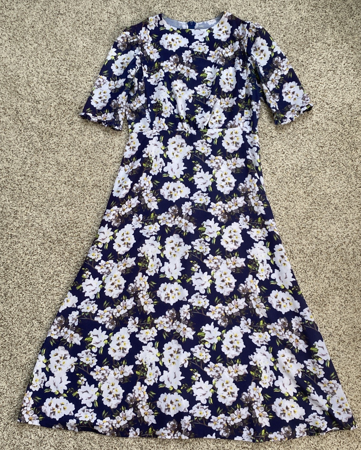 Mennonite Cape Dress Handmade Floral Navy White B-40 W-33 L-50 Zip Closure
